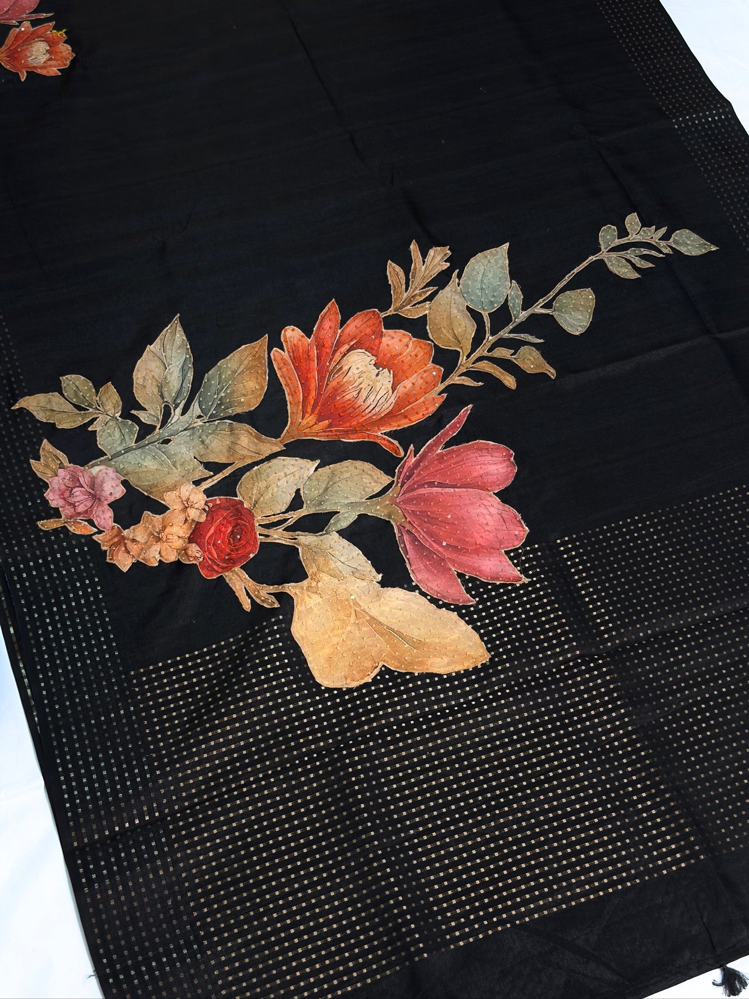 UTSAV BANARAS 407: Black Tussar Silk Saree with Handcrafted Kantha Work & Rich Zari Border