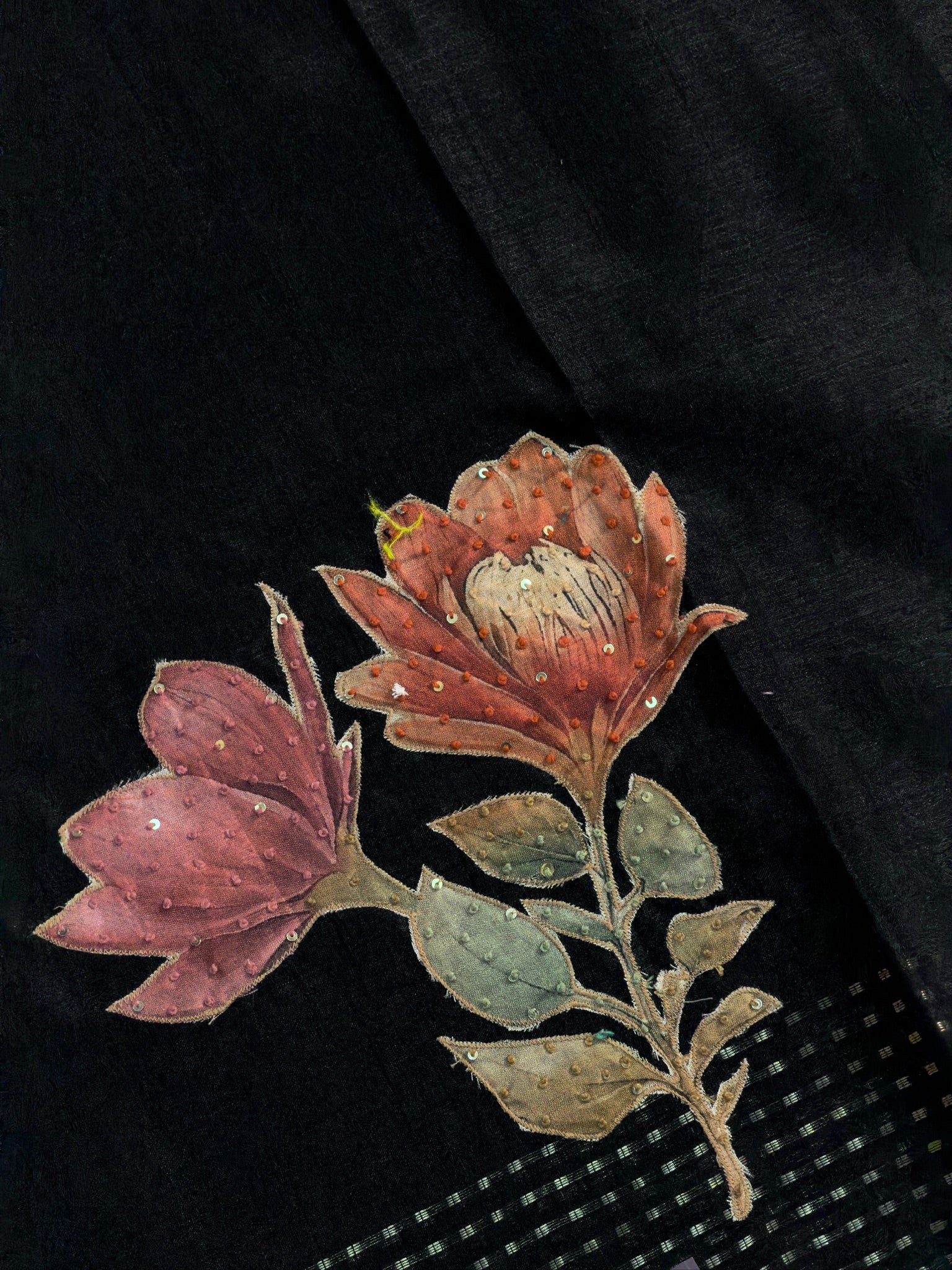 UTSAV BANARAS 407: Black Tussar Silk Saree with Handcrafted Kantha Work & Rich Zari Border