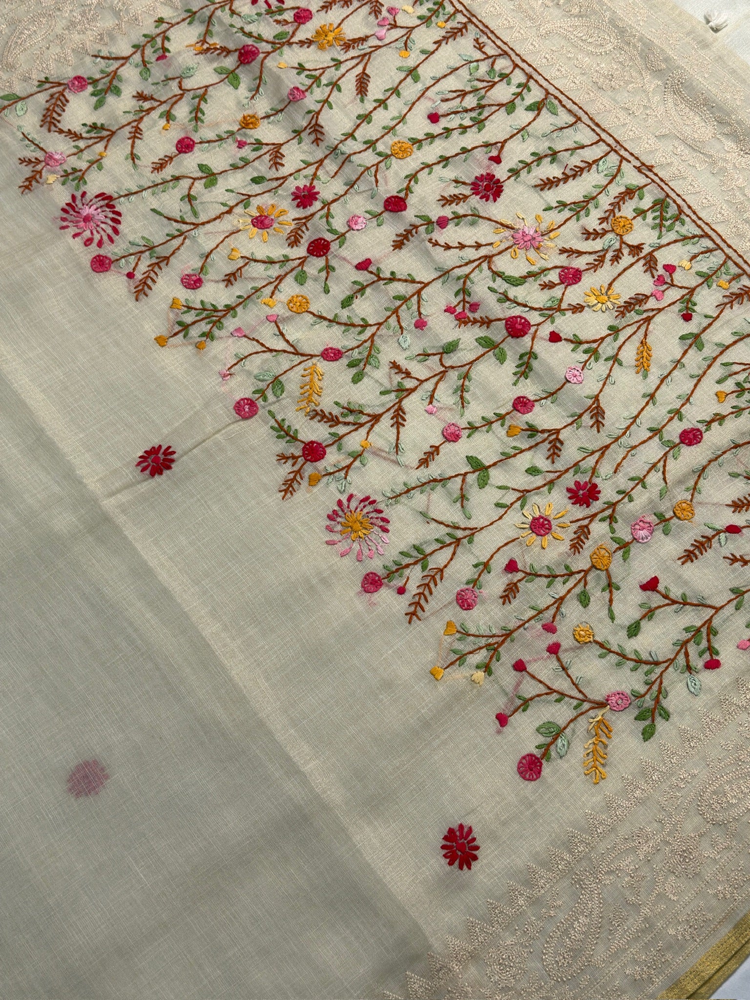 UTSAV BANARAS 411: Pearl White Tussar Silk Saree with Meenakari Pallu & Floral Buti With Thread Border