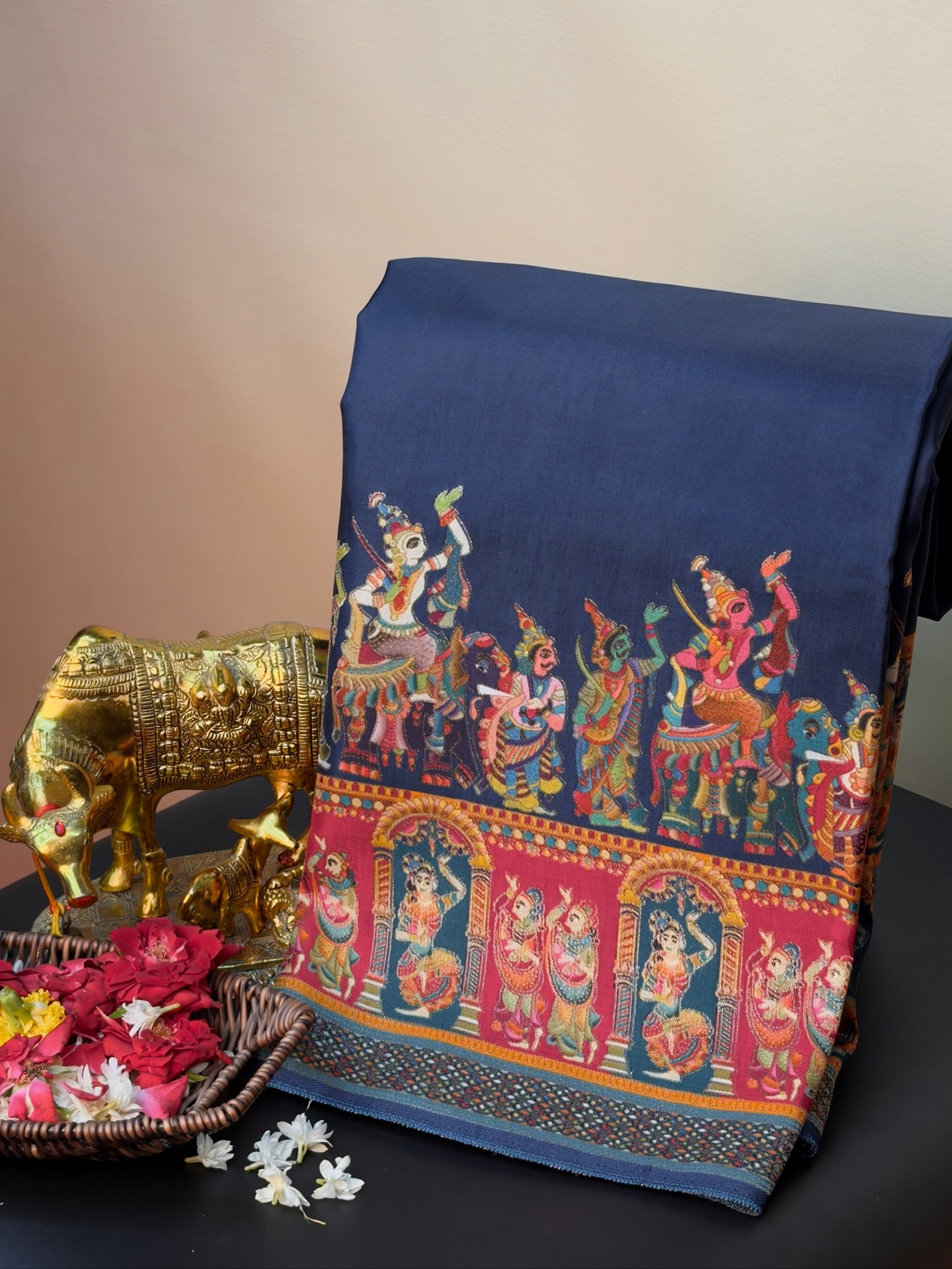 UTSAV BANARAS 477A: Ink Blue Butter Silk Saree with Heritage Position Print & Contrast Blouse