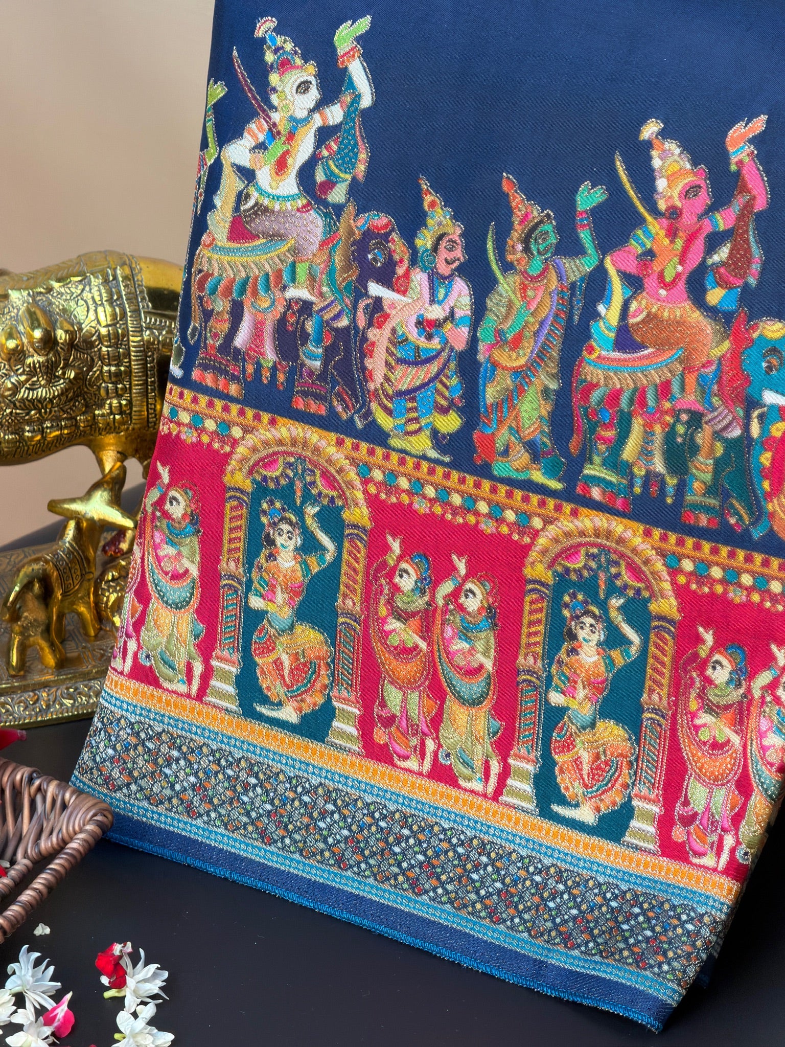 UTSAV BANARAS 477A: Ink Blue Butter Silk Saree with Heritage Position Print & Contrast Blouse