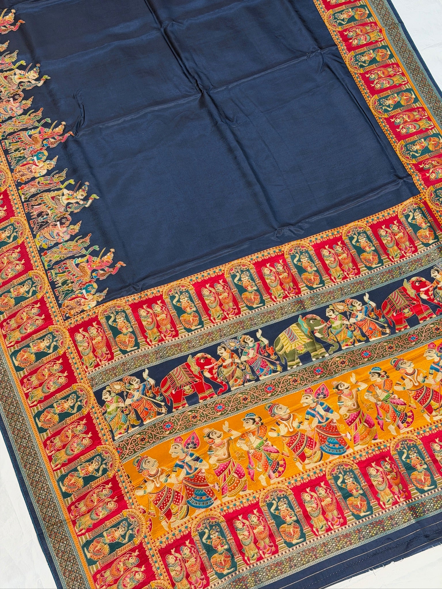 UTSAV BANARAS 477A: Ink Blue Butter Silk Saree with Heritage Position Print & Contrast Blouse