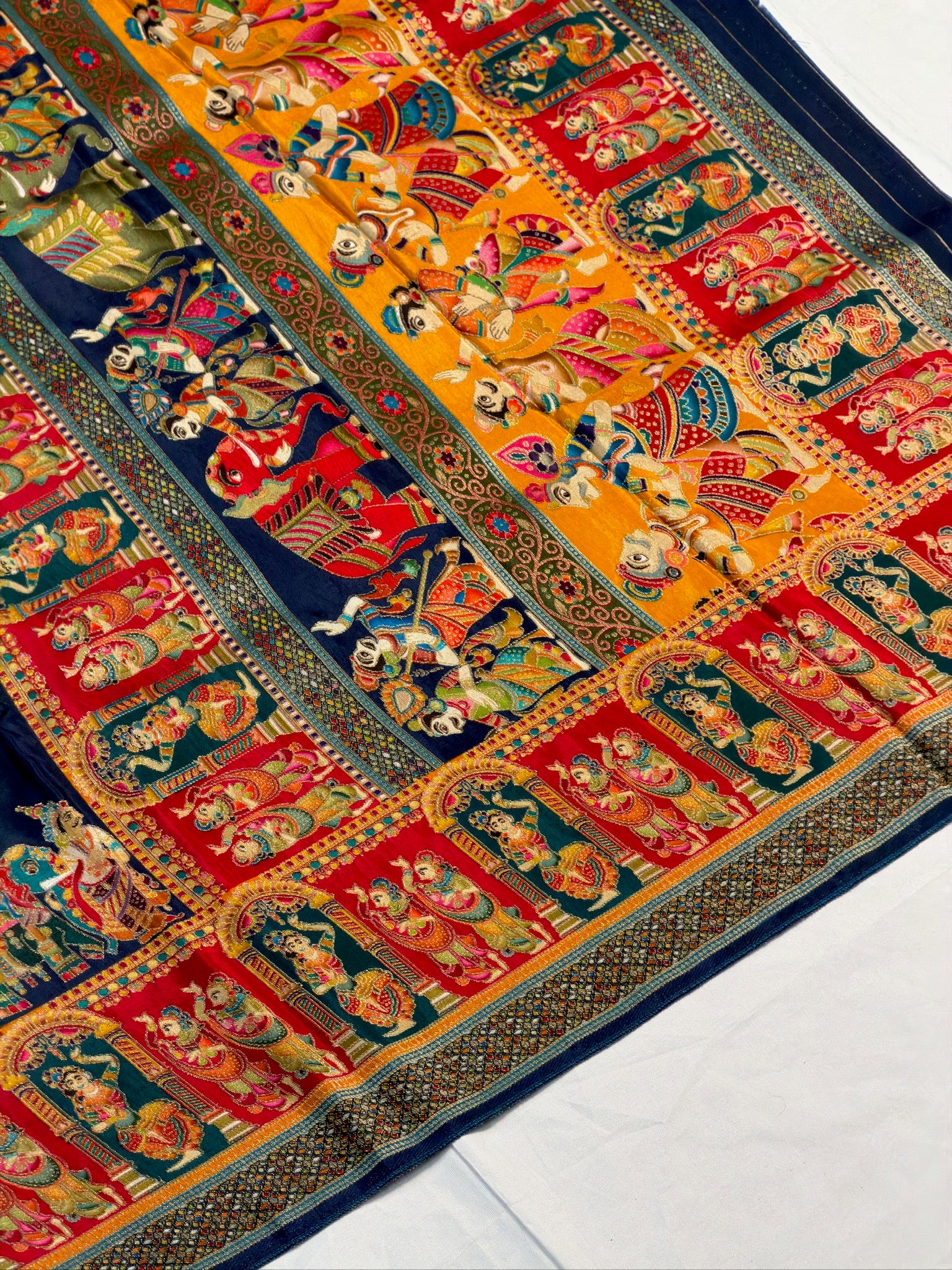 UTSAV BANARAS 477A: Ink Blue Butter Silk Saree with Heritage Position Print & Contrast Blouse