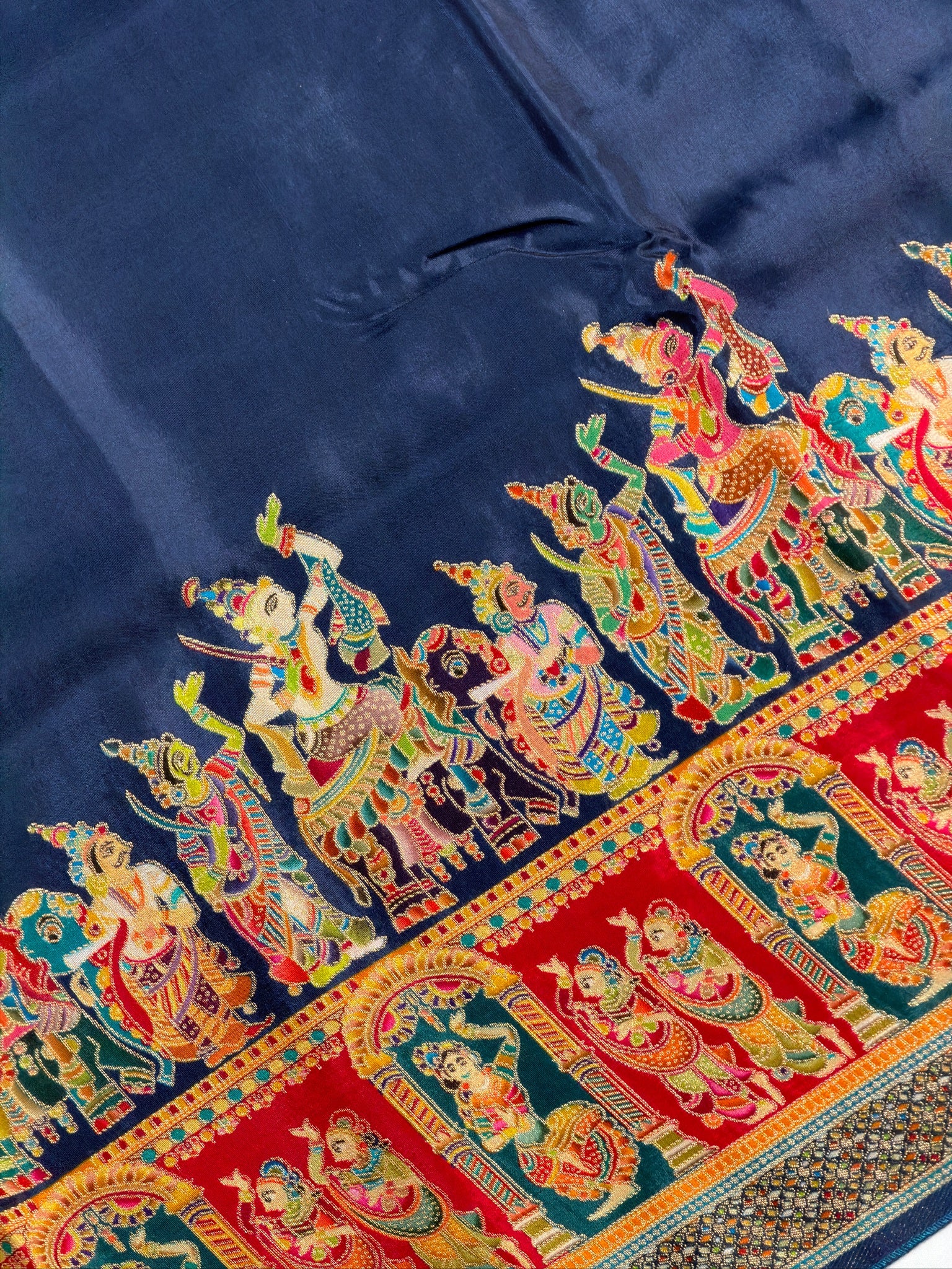 UTSAV BANARAS 477A: Ink Blue Butter Silk Saree with Heritage Position Print & Contrast Blouse
