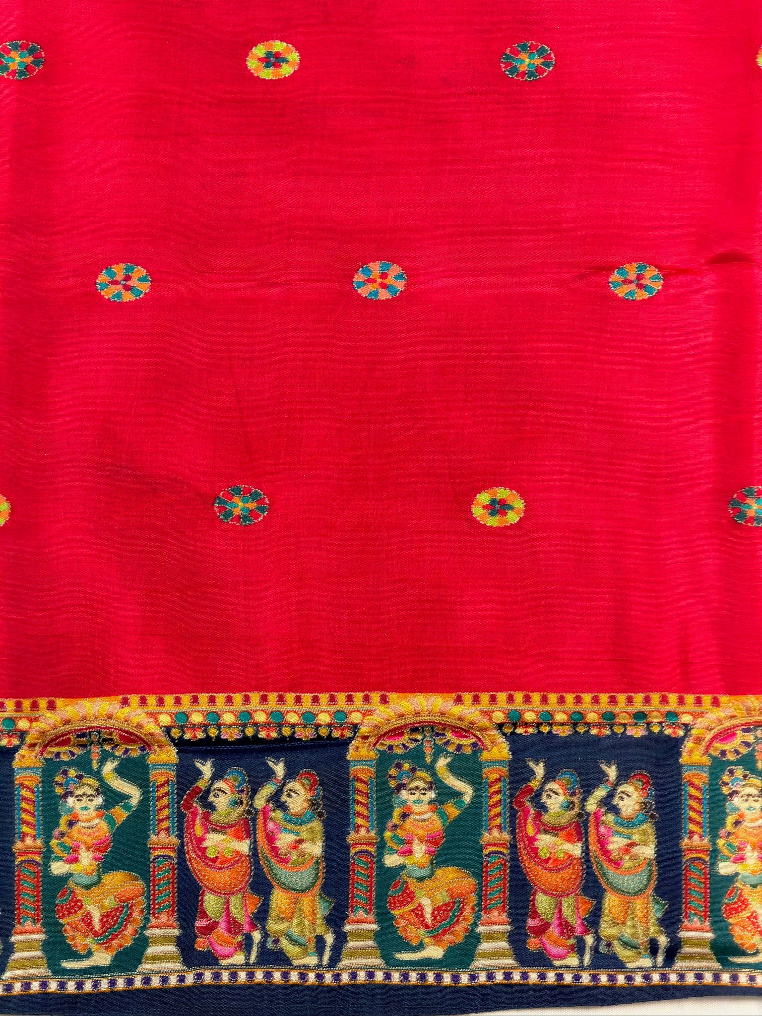 UTSAV BANARAS 477A: Ink Blue Butter Silk Saree with Heritage Position Print & Contrast Blouse