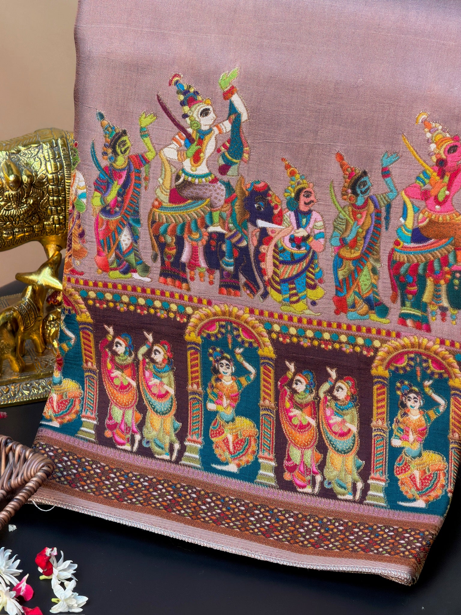 UTSAV BANARAS 477B: Dusty Pink Butter Silk Saree with Heritage Position Print & Contrast Blouse