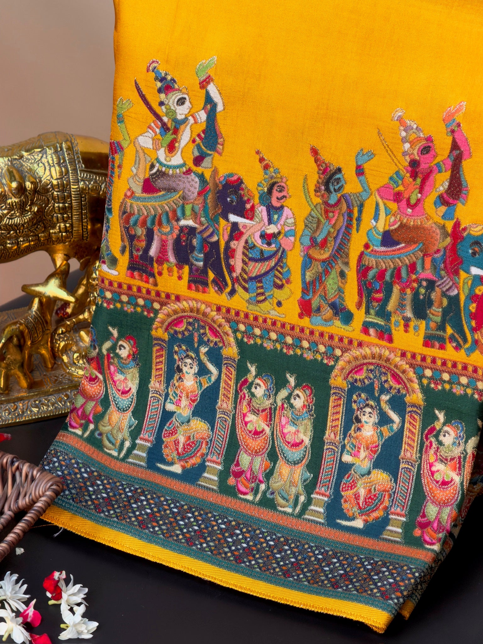 UTSAV BANARAS 477C: Mustard Yellow Butter Silk Saree with Heritage Position Print & Contrast Blouse