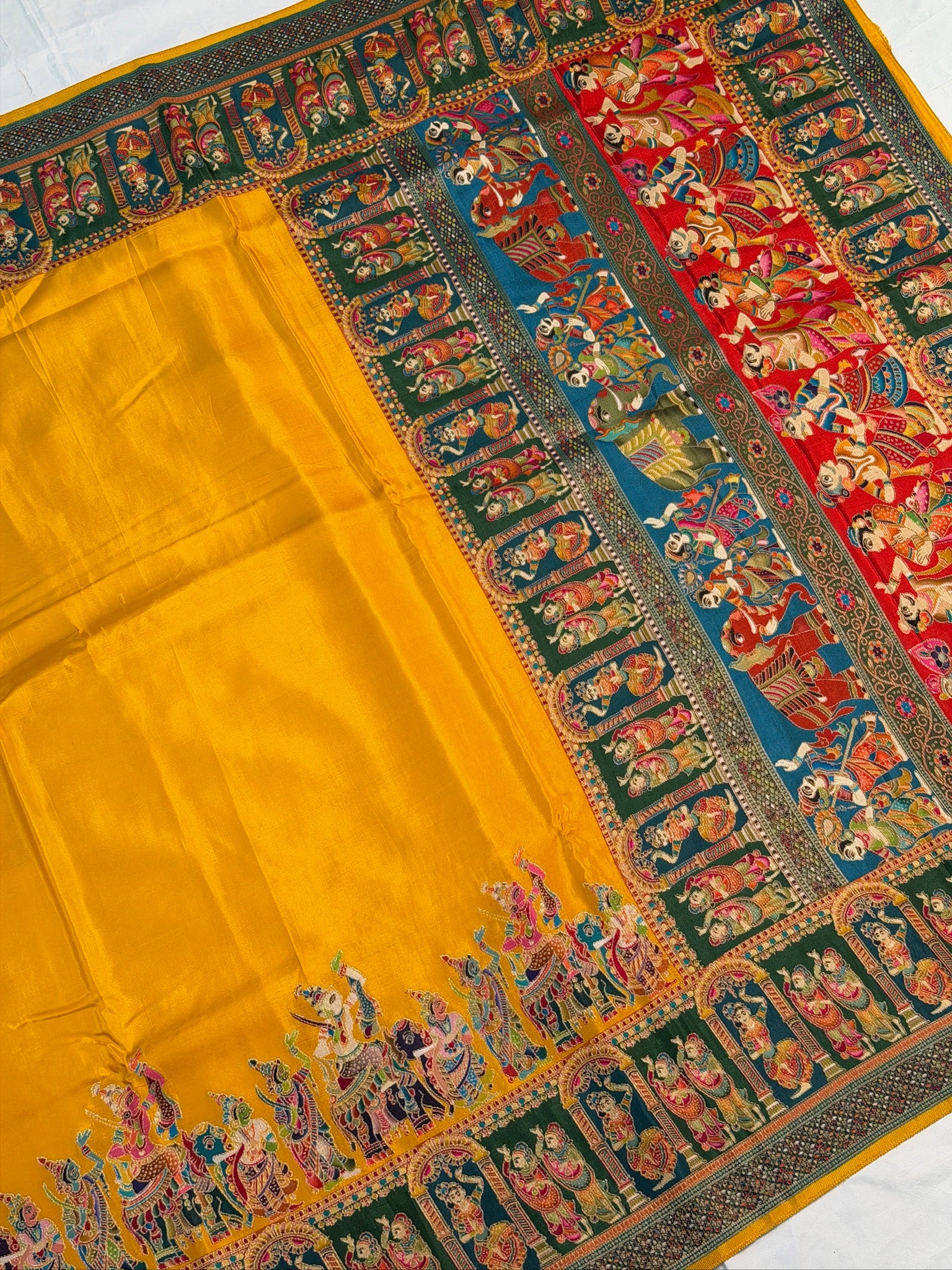 UTSAV BANARAS 477C: Mustard Yellow Butter Silk Saree with Heritage Position Print & Contrast Blouse