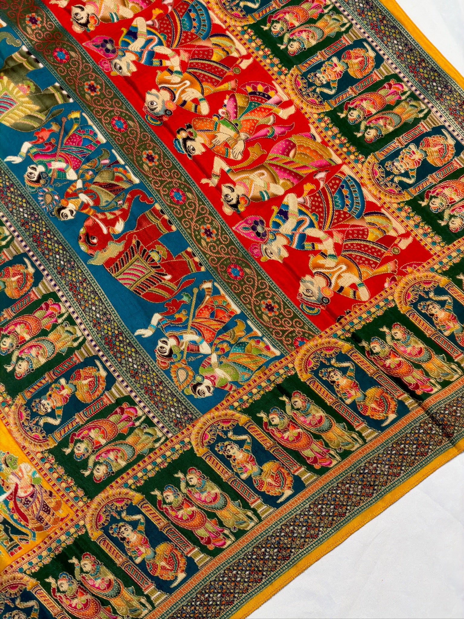 UTSAV BANARAS 477C: Mustard Yellow Butter Silk Saree with Heritage Position Print & Contrast Blouse