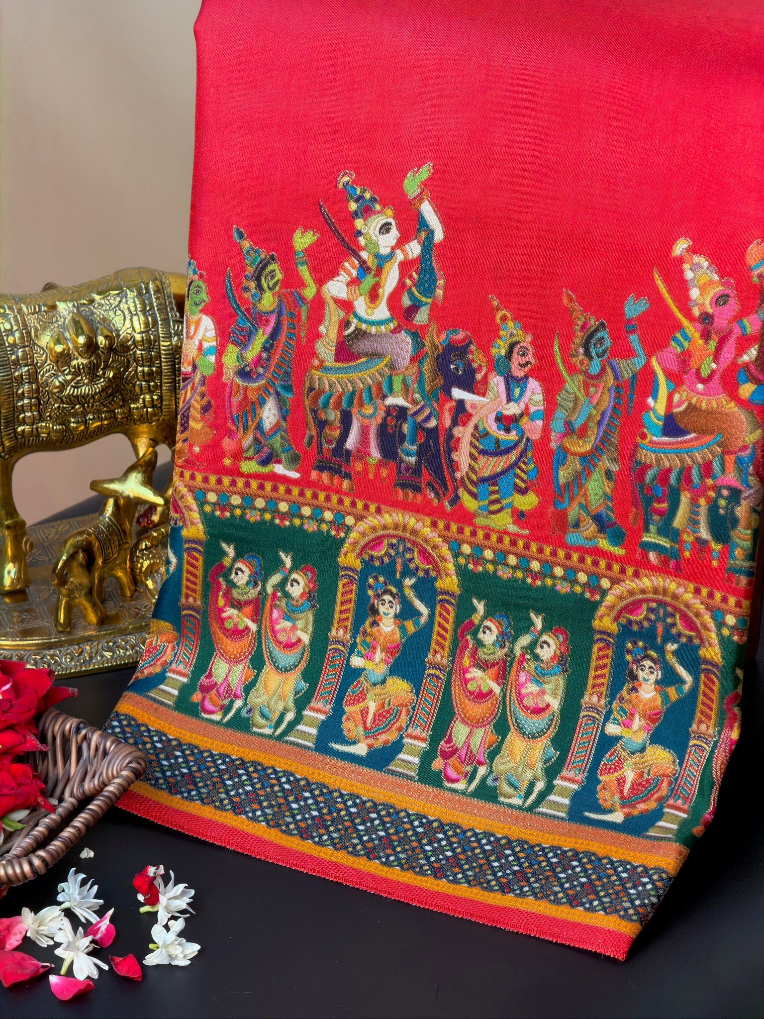 UTSAV BANARAS 477F: Cherry Red Butter Silk Saree with Heritage Position Print & Contrast Blouse
