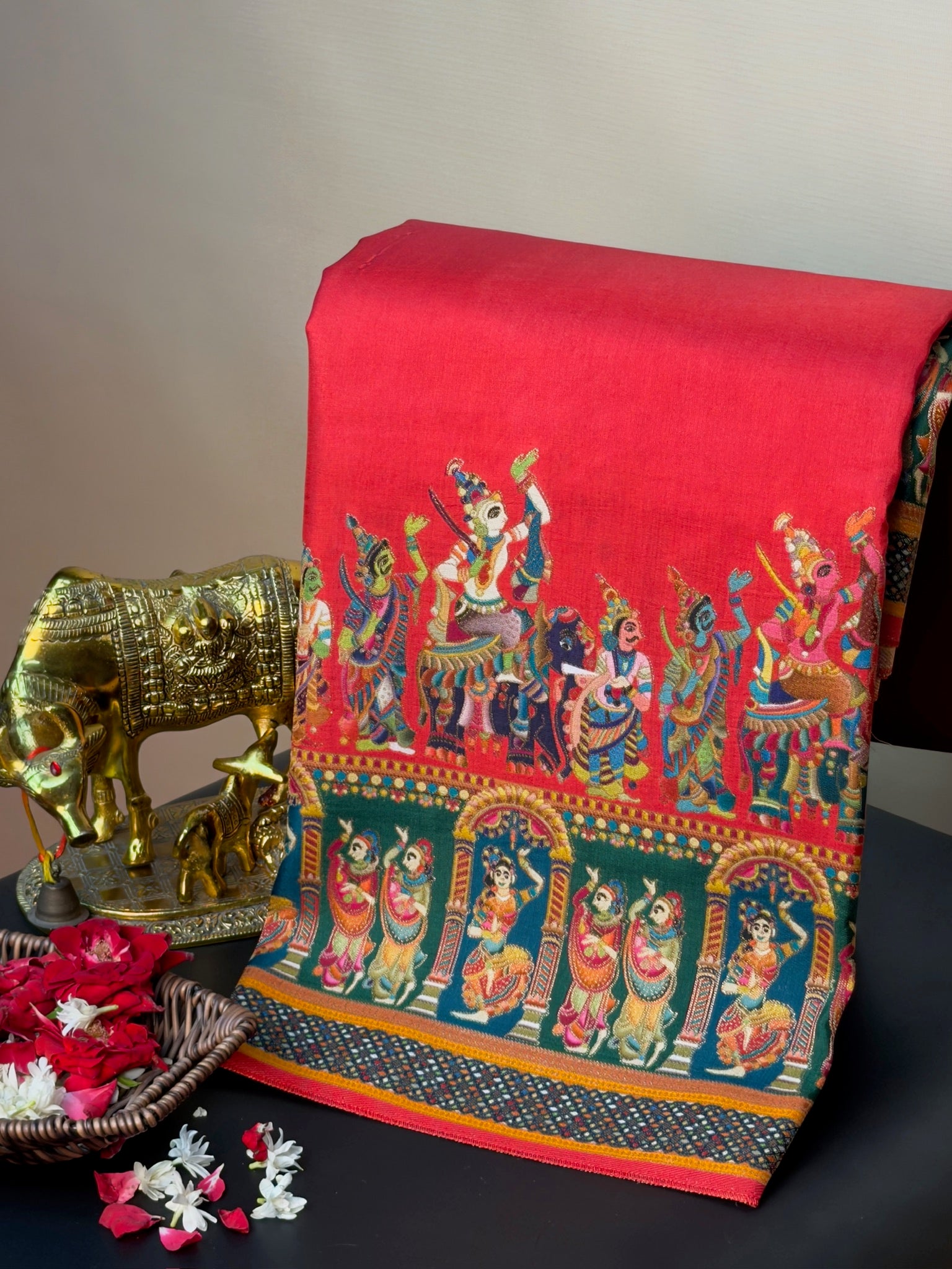 UTSAV BANARAS 477A: Ink Blue Butter Silk Saree with Heritage Position Print & Contrast Blouse