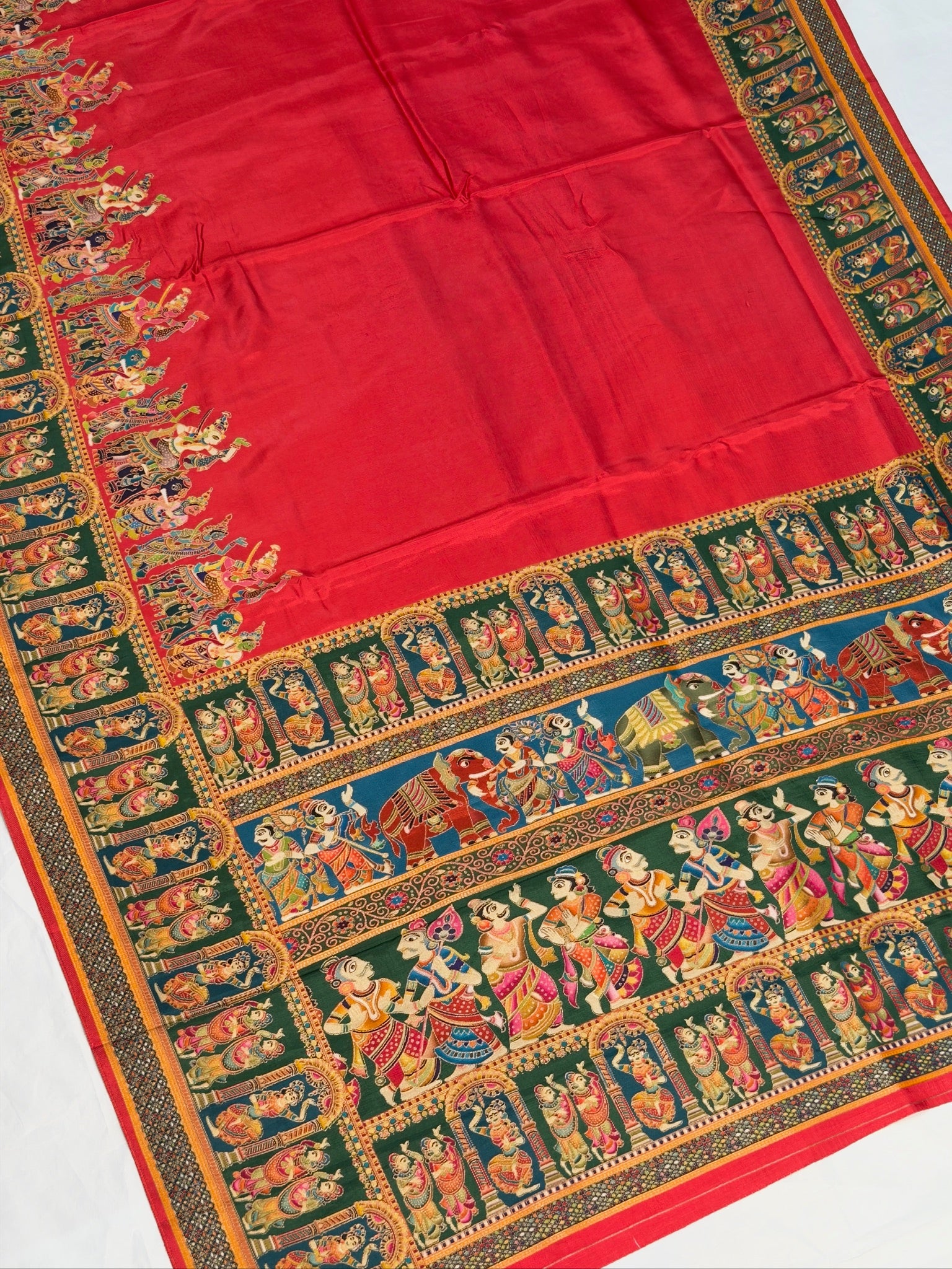 UTSAV BANARAS 477F: Cherry Red Butter Silk Saree with Heritage Position Print & Contrast Blouse