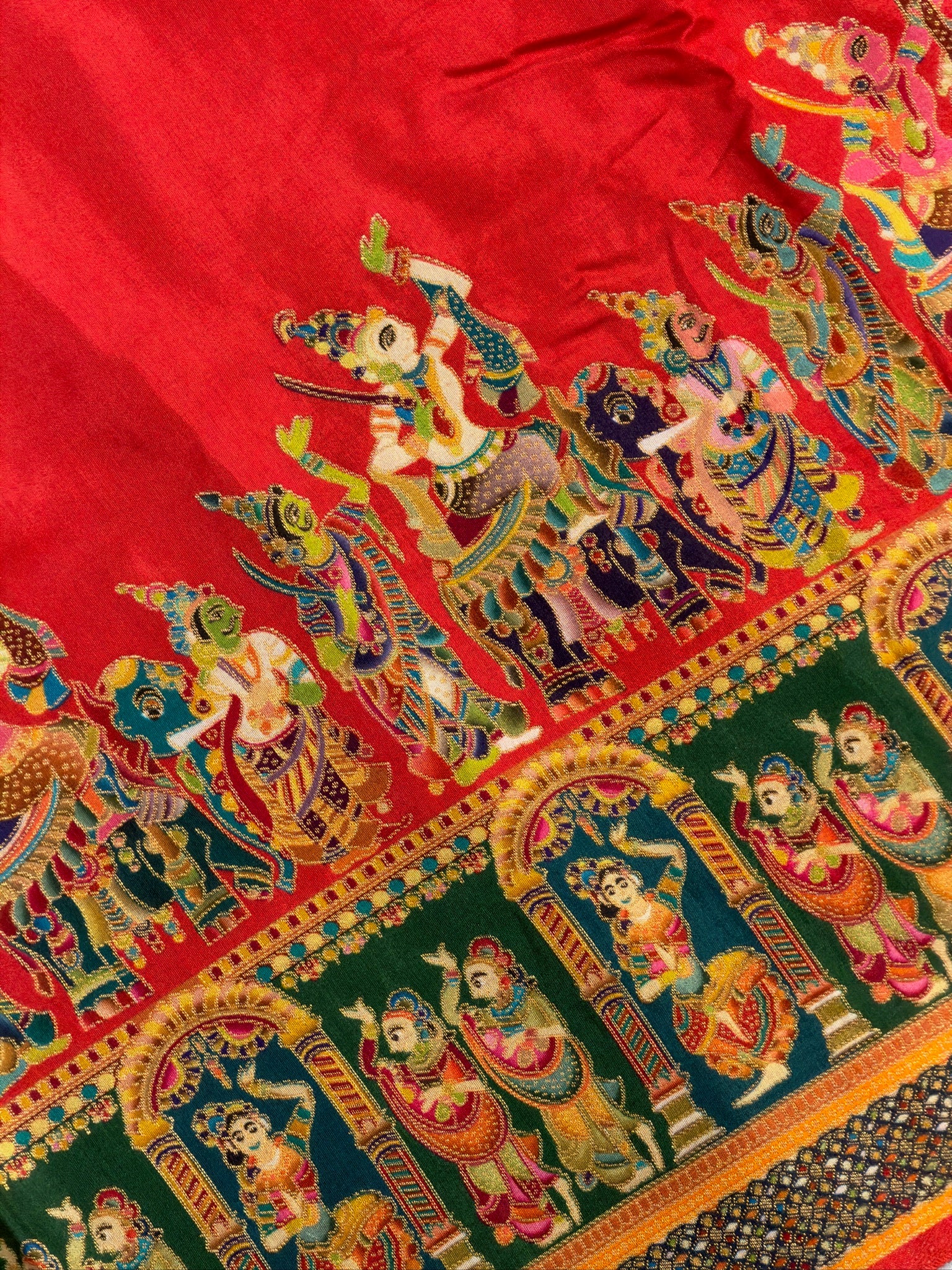 UTSAV BANARAS 477F: Cherry Red Butter Silk Saree with Heritage Position Print & Contrast Blouse