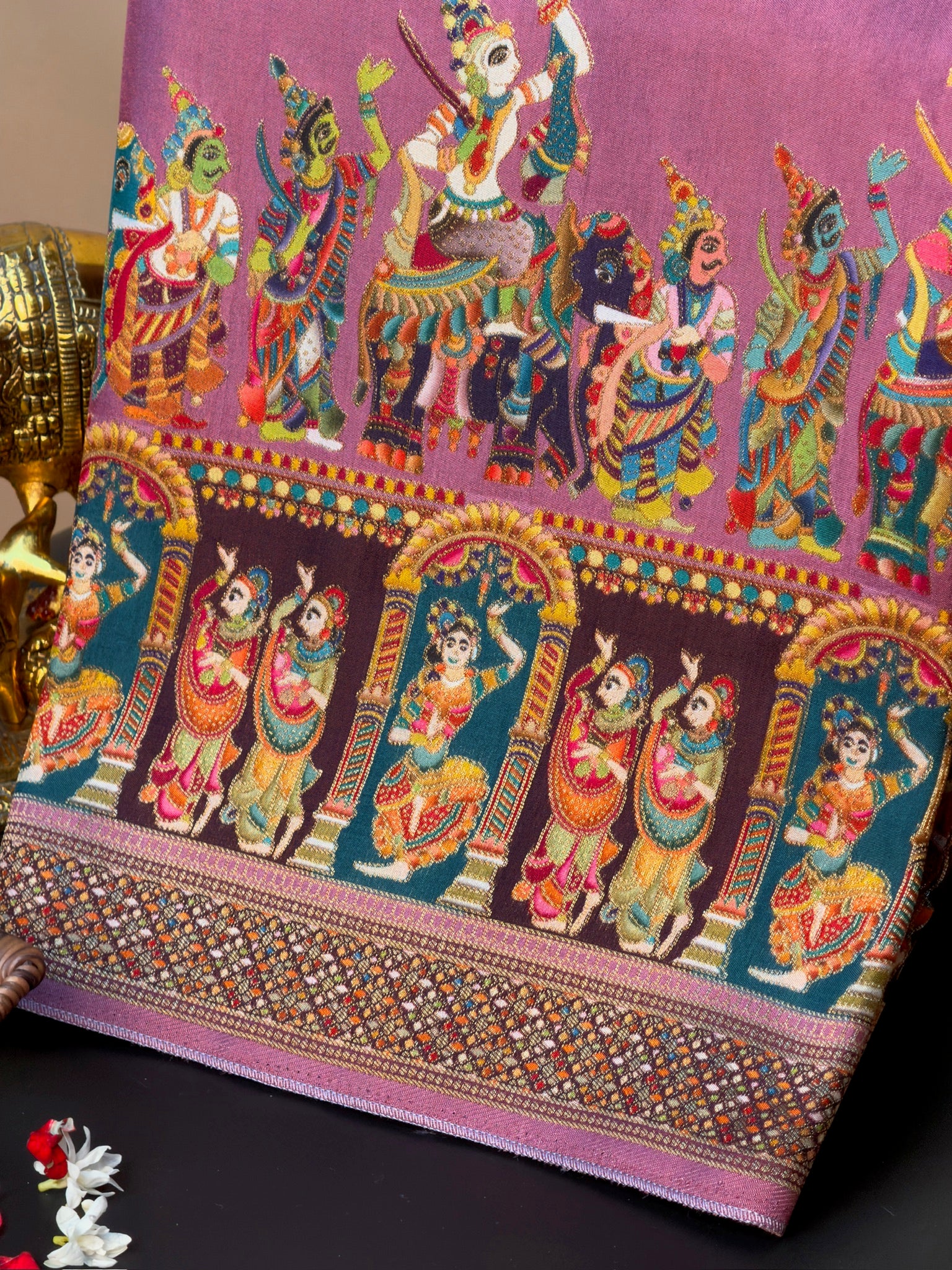 UTSAV BANARAS 477: Onion Pink Butter Silk Saree with Heritage Position Print & Contrast Blouse