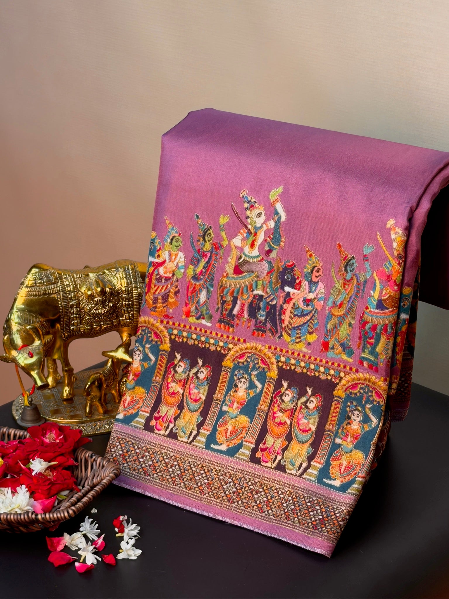 UTSAV BANARAS 477A: Ink Blue Butter Silk Saree with Heritage Position Print & Contrast Blouse