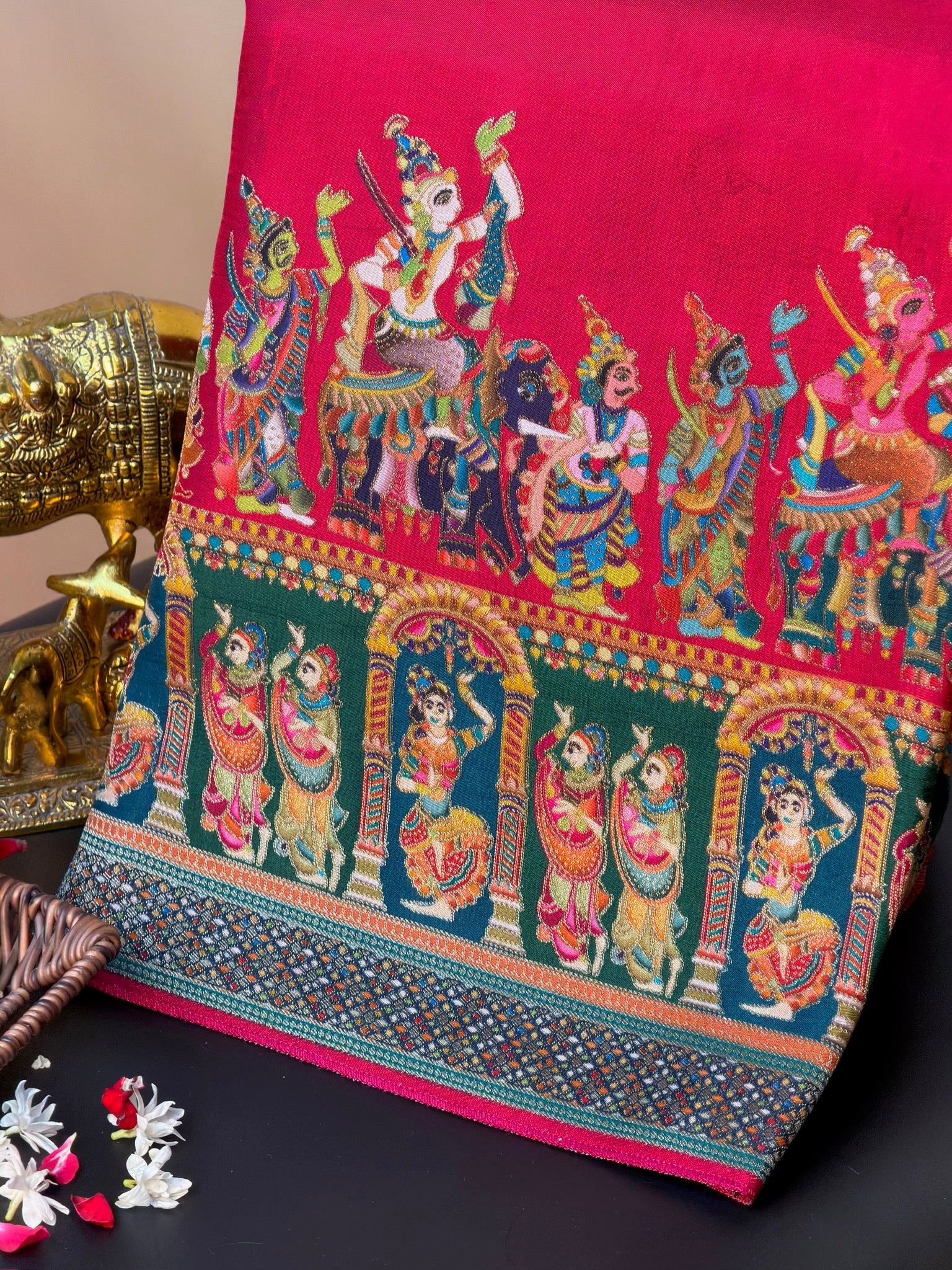 UTSAV BANARAS 477D: Crimson Red Butter Silk Saree with Heritage Position Print & Contrast Blouse