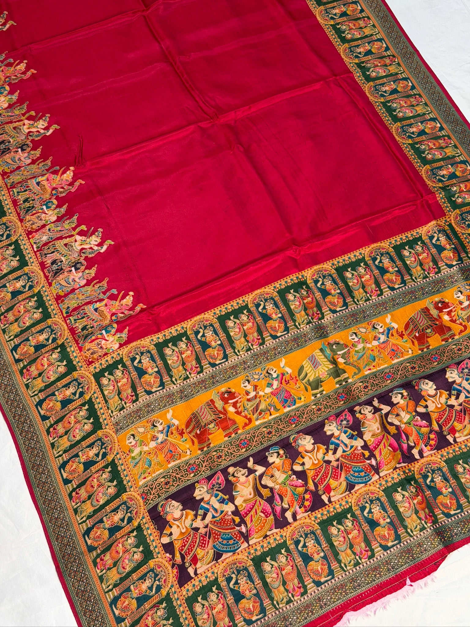 UTSAV BANARAS 477D: Crimson Red Butter Silk Saree with Heritage Position Print & Contrast Blouse