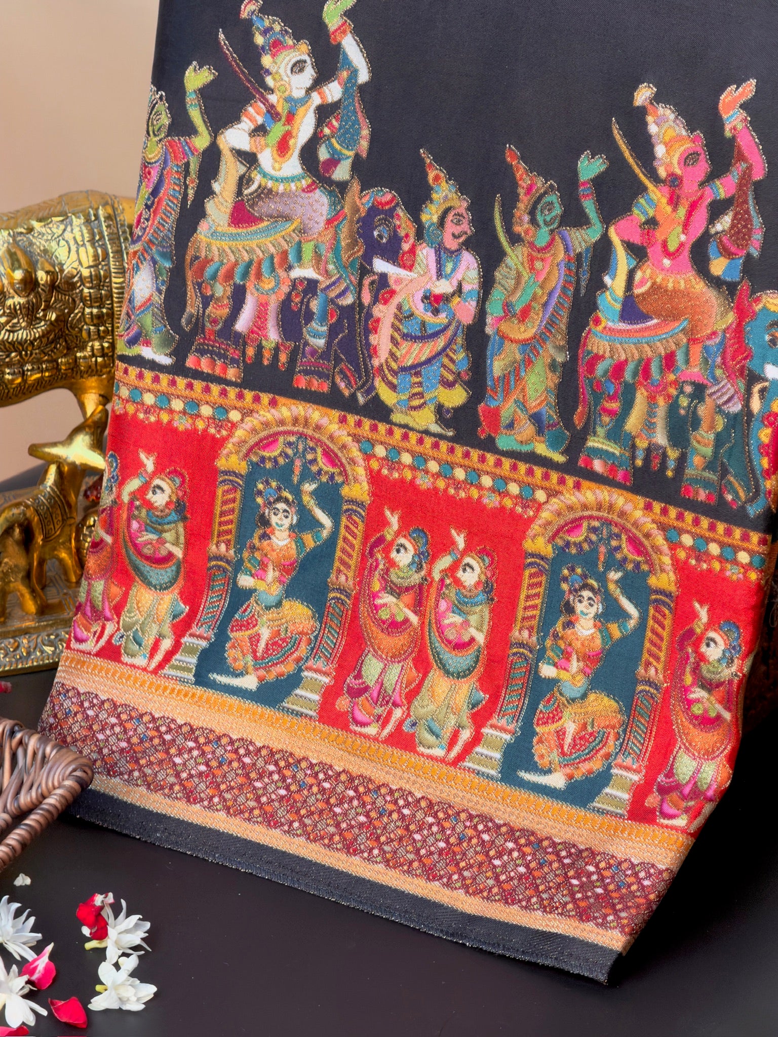 UTSAV BANARAS 477E: Jet Black Butter Silk Saree with Heritage Position Print & Contrast Blouse