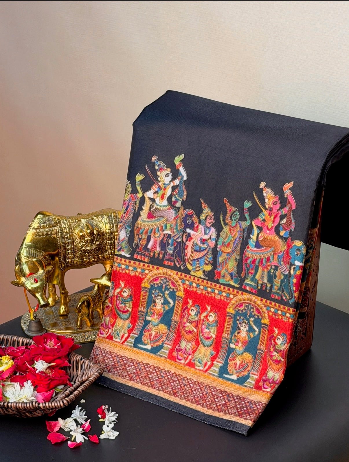 UTSAV BANARAS 477A: Ink Blue Butter Silk Saree with Heritage Position Print & Contrast Blouse