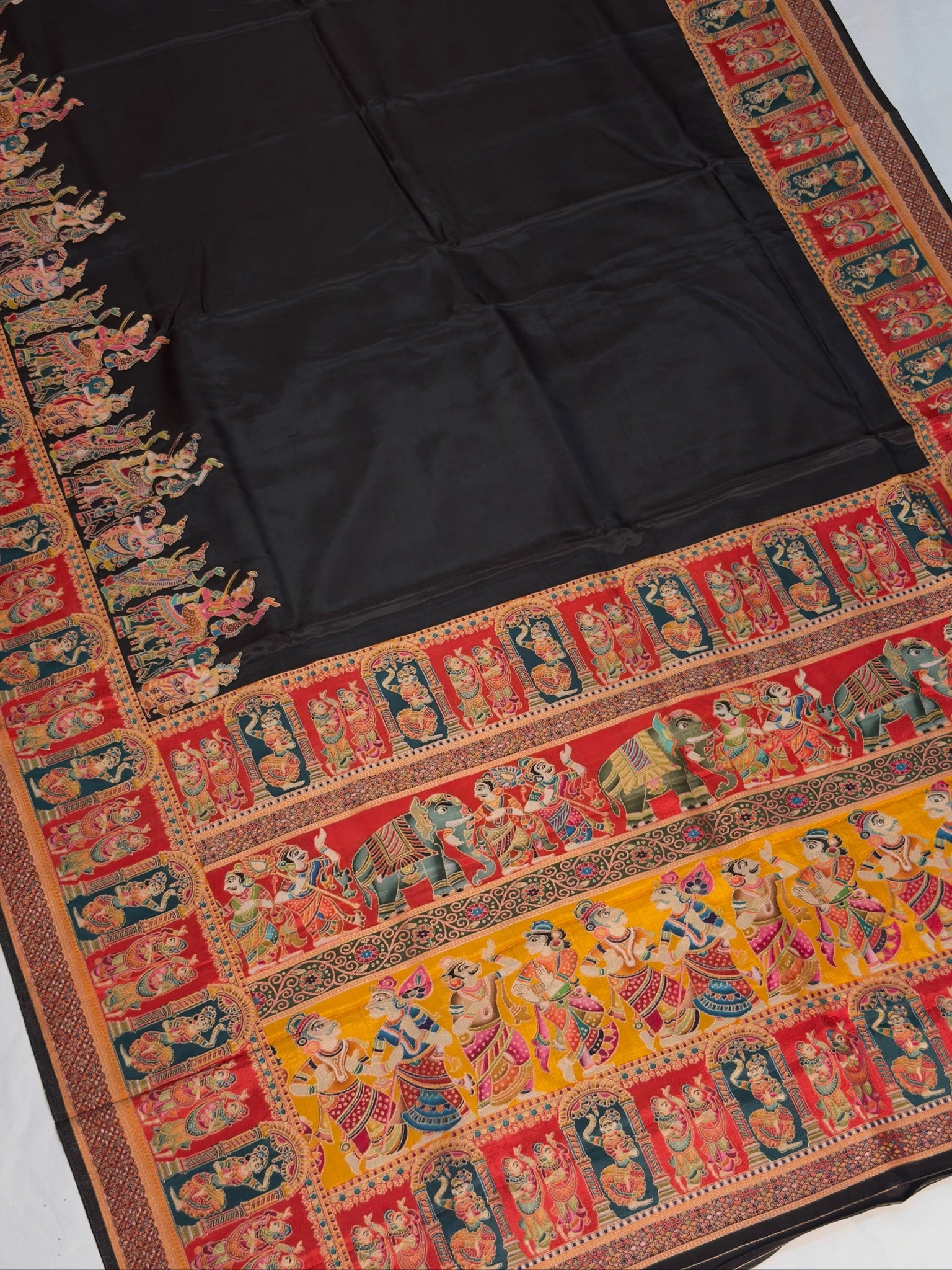 UTSAV BANARAS 477E: Jet Black Butter Silk Saree with Heritage Position Print & Contrast Blouse