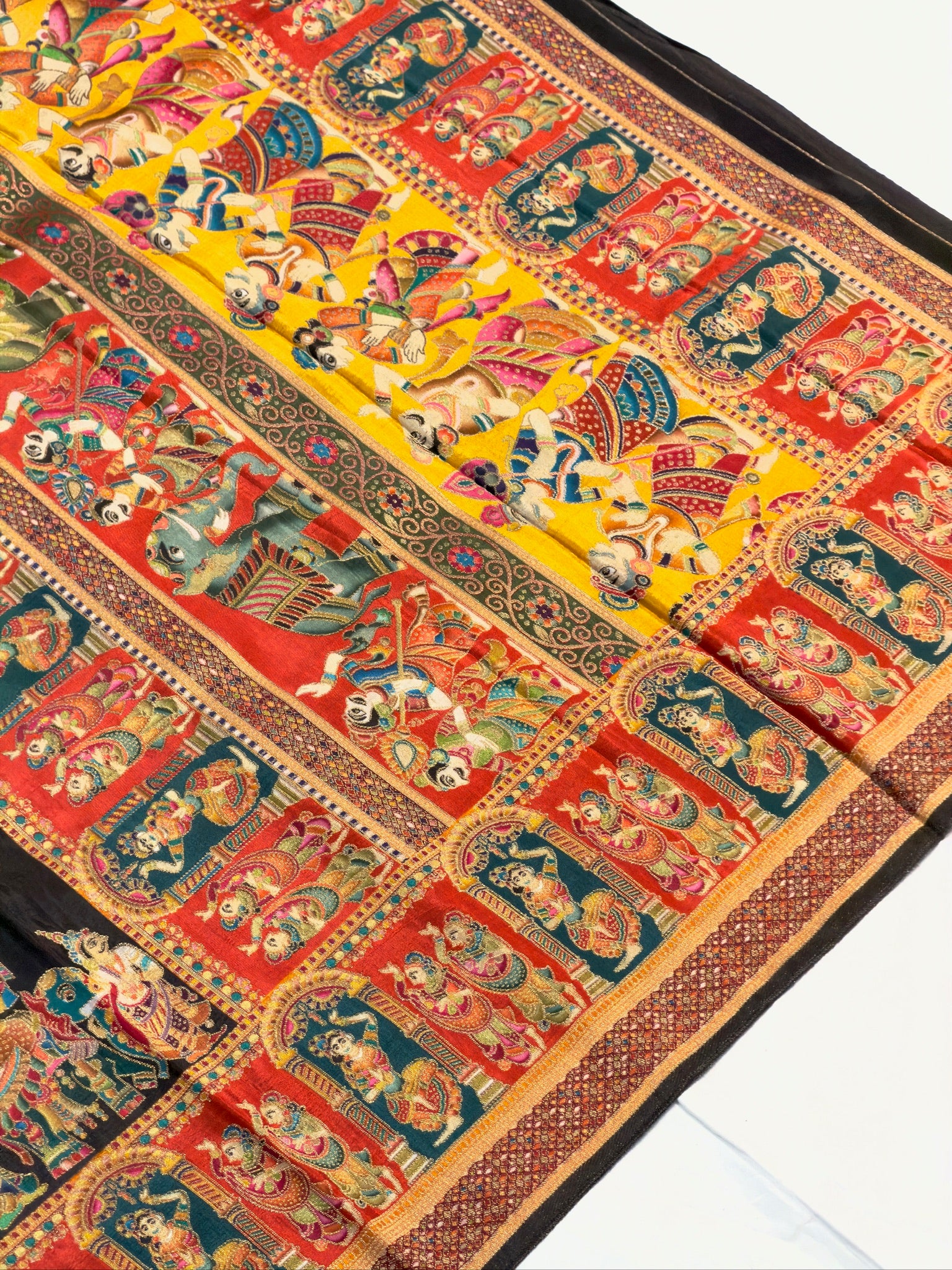 UTSAV BANARAS 477E: Jet Black Butter Silk Saree with Heritage Position Print & Contrast Blouse