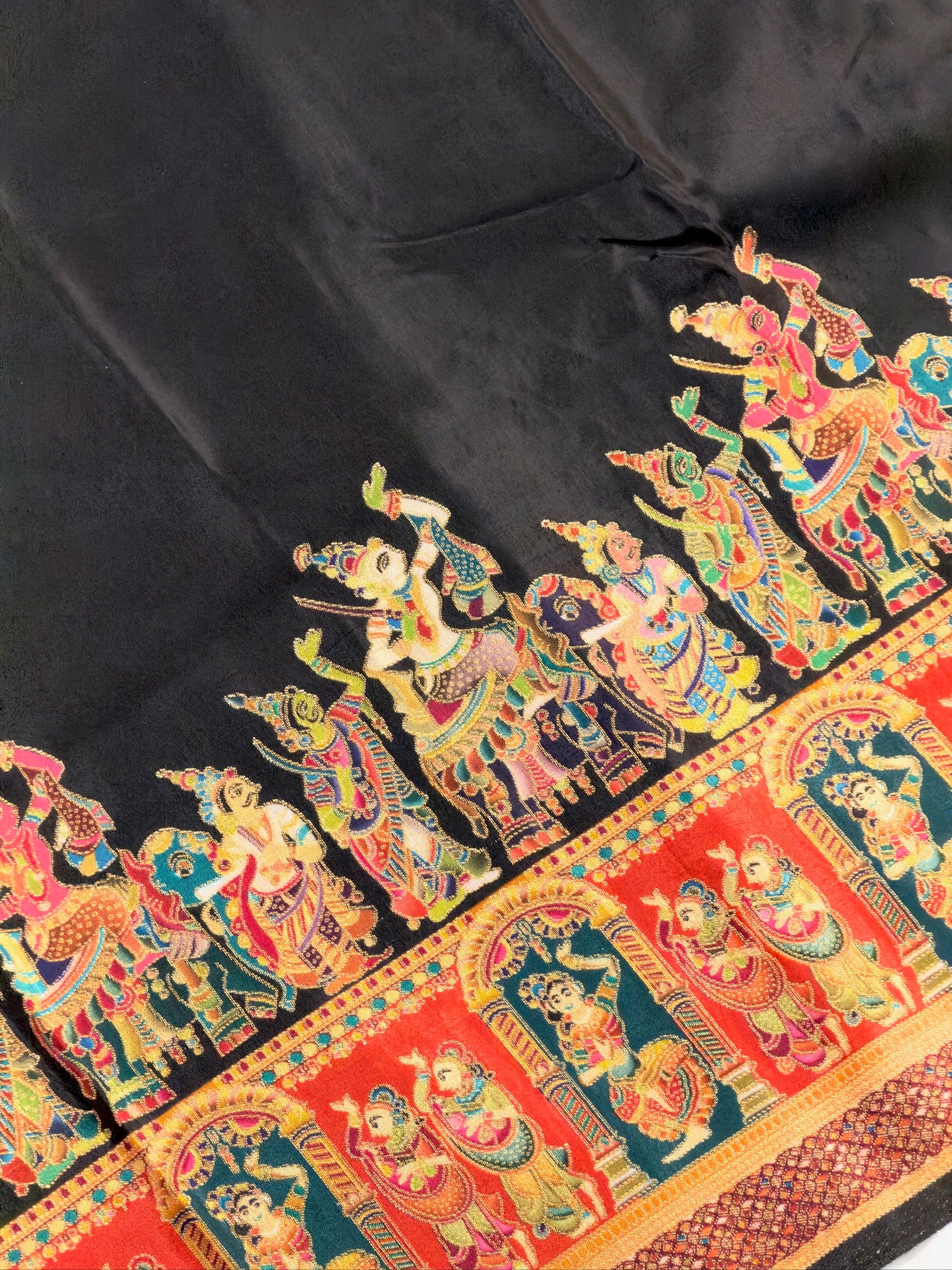 UTSAV BANARAS 477E: Jet Black Butter Silk Saree with Heritage Position Print & Contrast Blouse