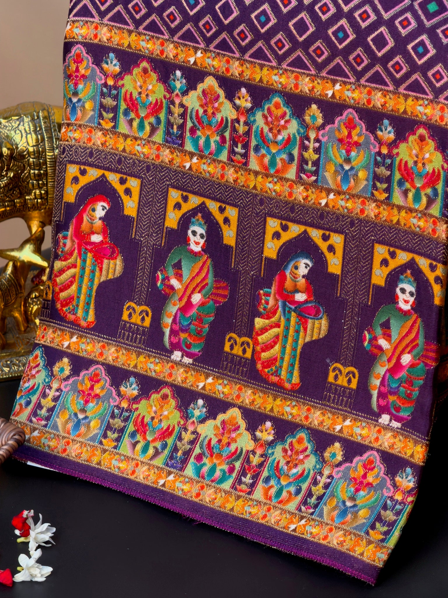 UTSAV BANARAS 475E: Purple Butter Silk Saree with Heritage Position Print & Contrast Blouse
