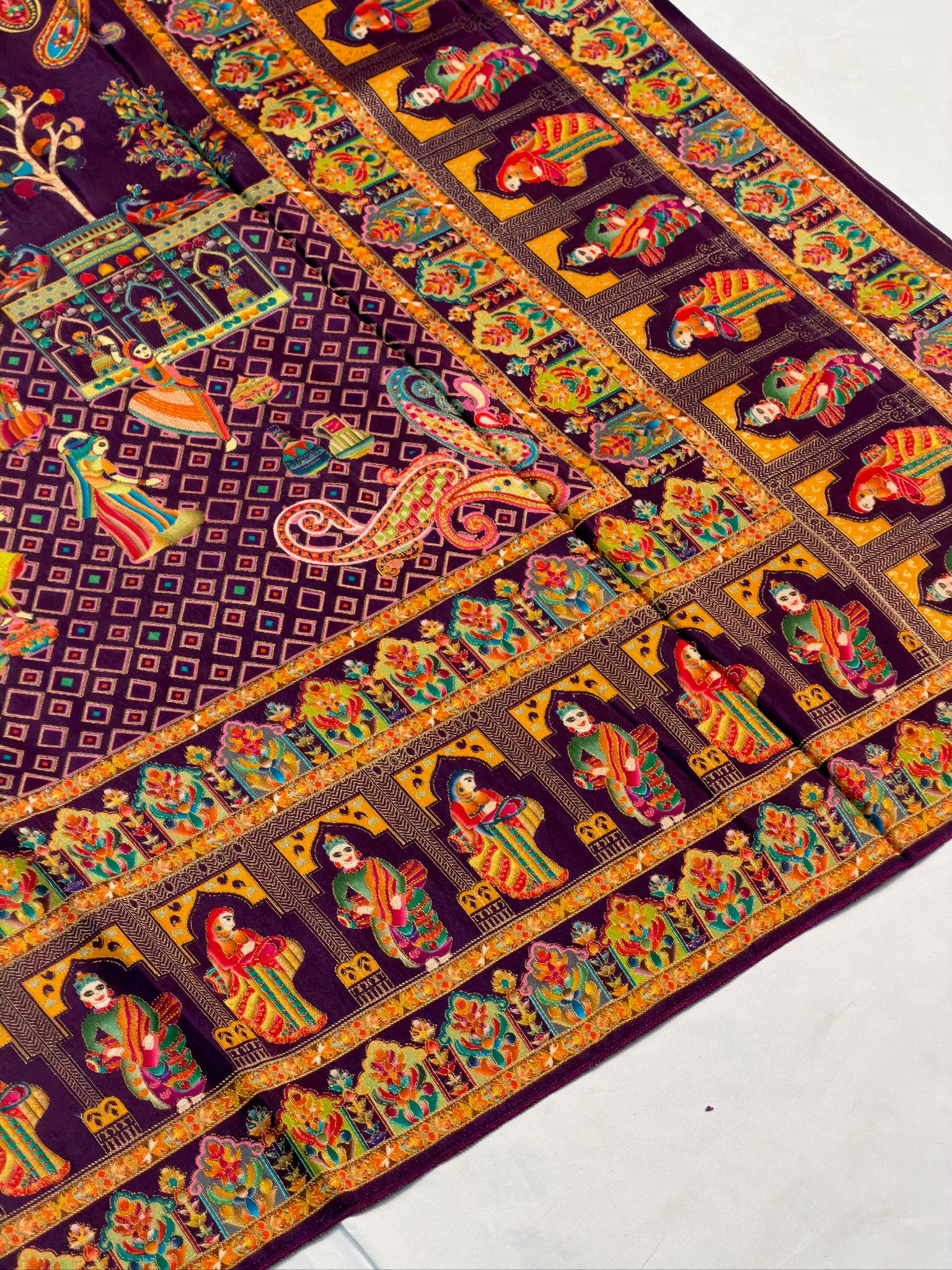 UTSAV BANARAS 475E: Purple Butter Silk Saree with Heritage Position Print & Contrast Blouse