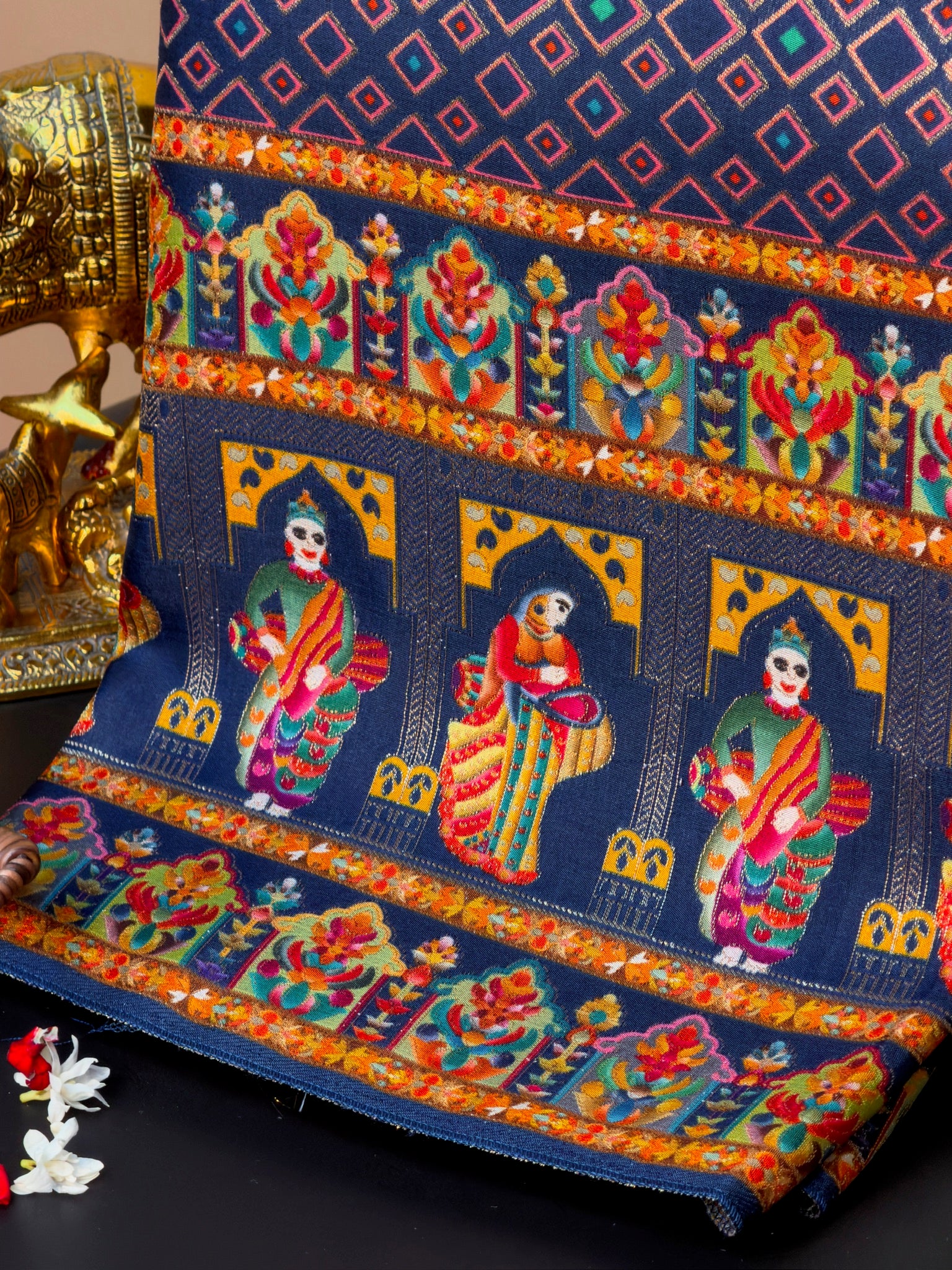 UTSAV BANARAS 475H: Navy Blue Butter Silk Saree with Heritage Position Print & Contrast Blouse