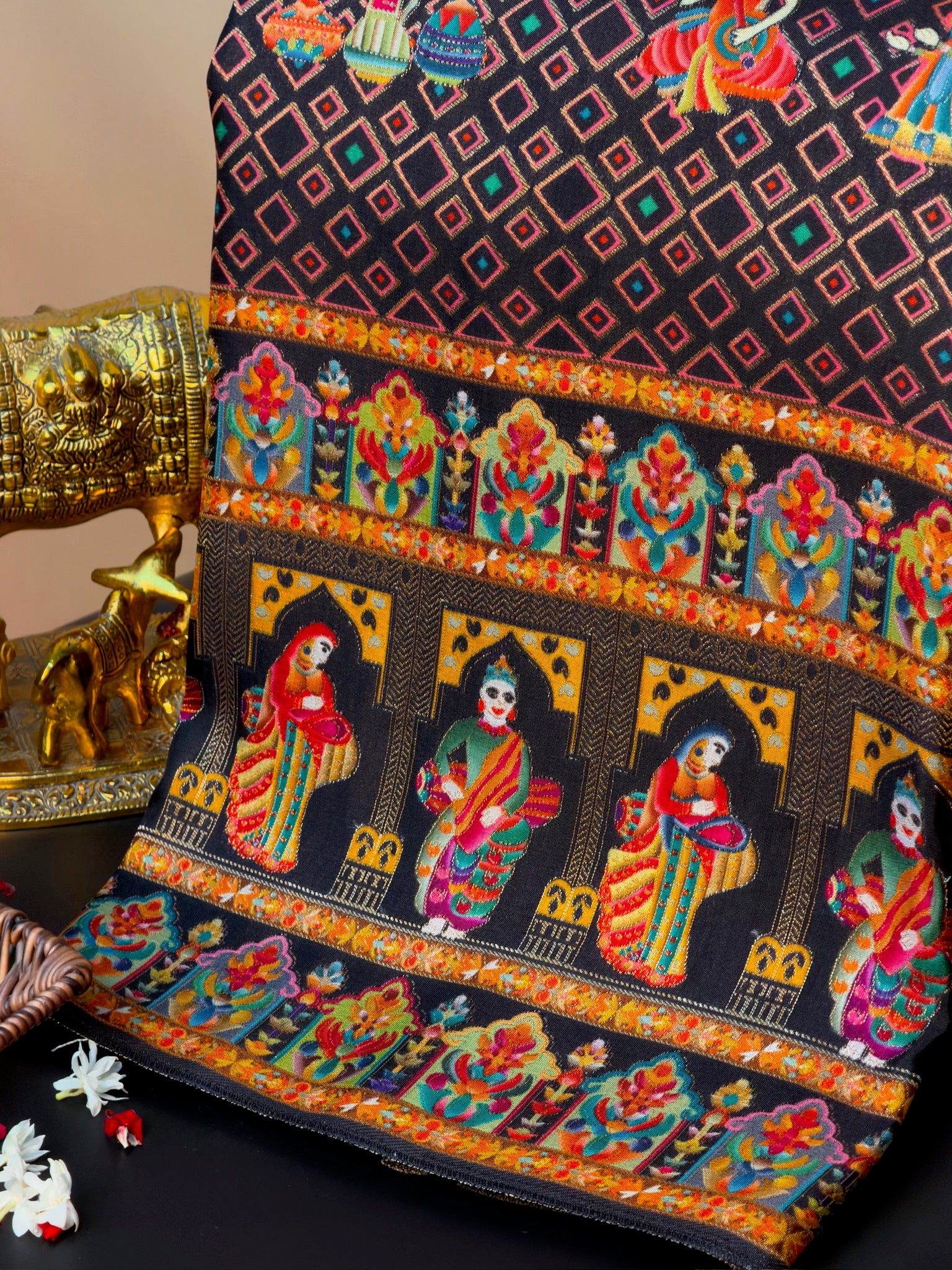 UTSAV BANARAS 475G: Black Butter Silk Saree with Heritage Position Print & Contrast Blouse