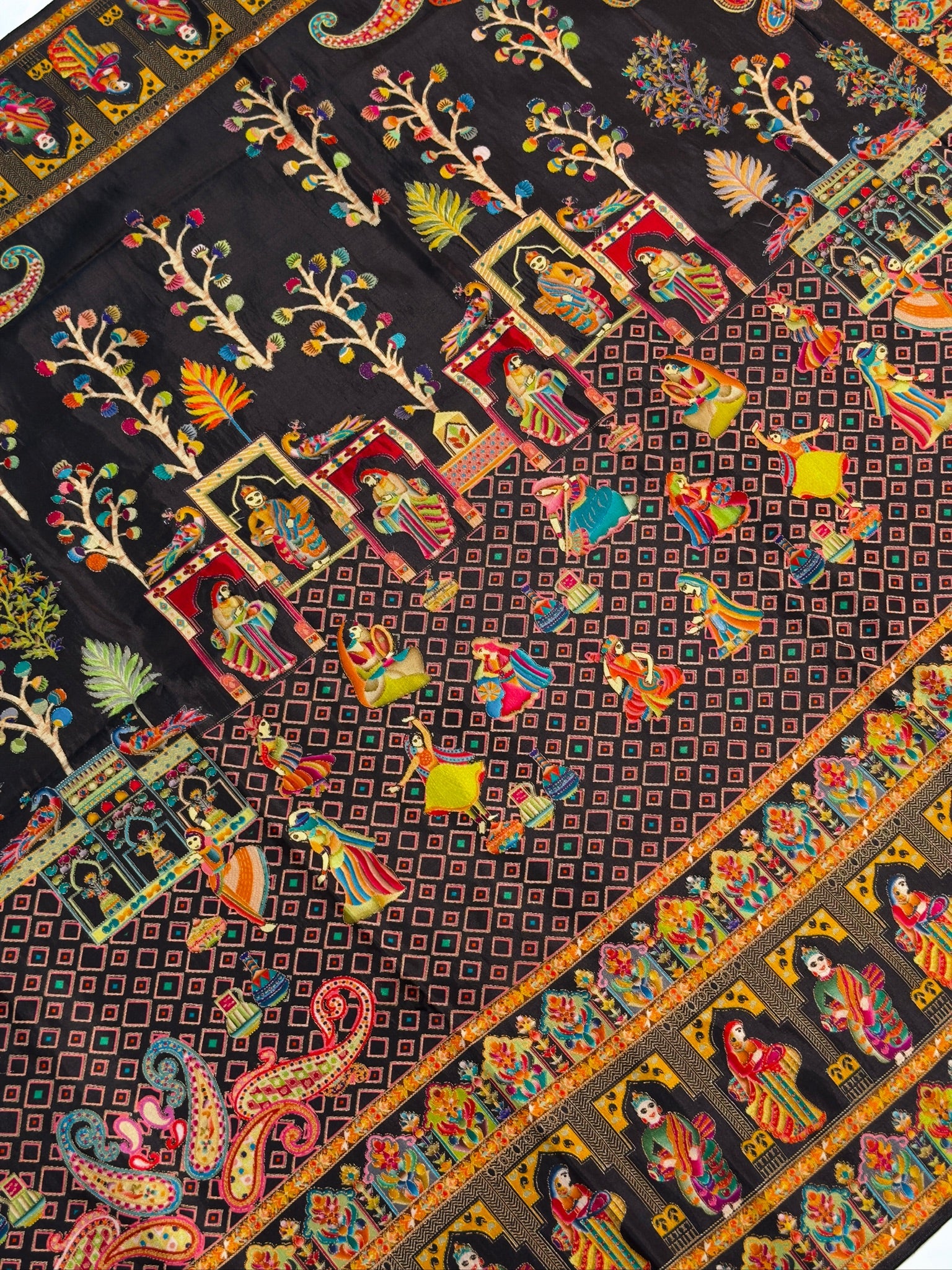 UTSAV BANARAS 475G: Black Butter Silk Saree with Heritage Position Print & Contrast Blouse