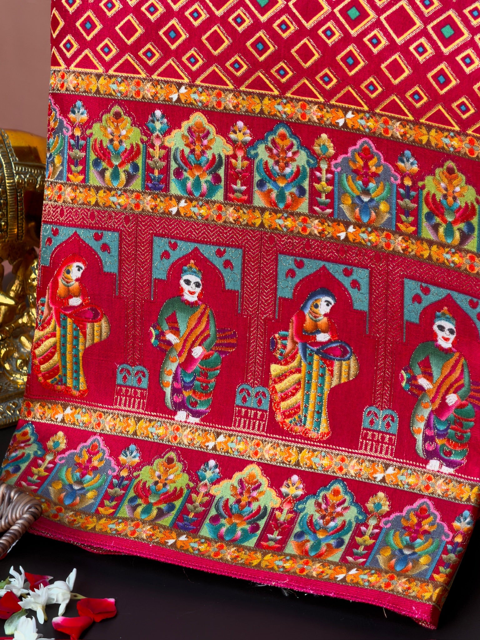 UTSAV BANARAS 475D: Pure Red Butter Silk Saree with Heritage Position Print & Contrast Bloue
