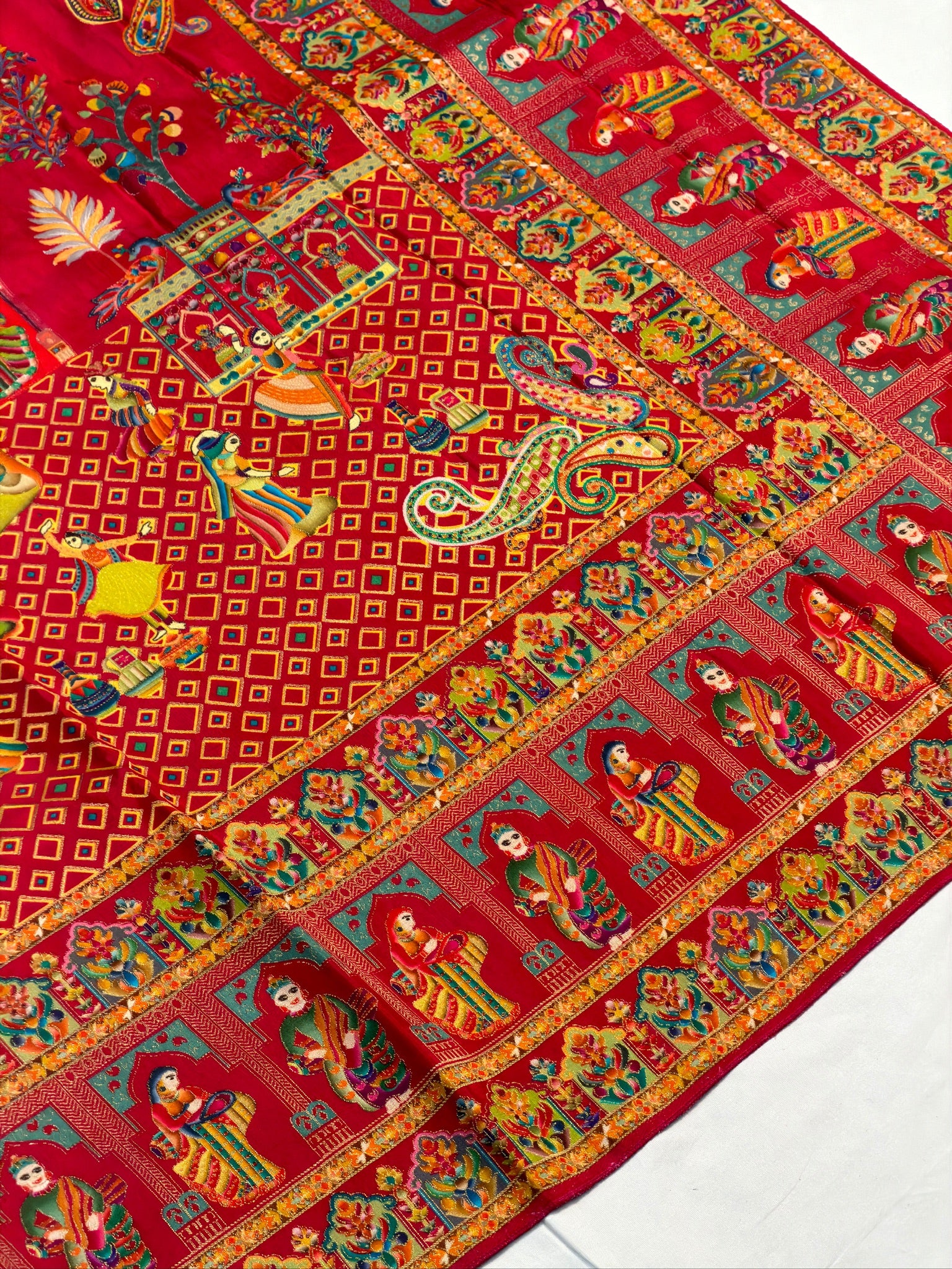 UTSAV BANARAS 475D: Pure Red Butter Silk Saree with Heritage Position Print & Contrast Bloue