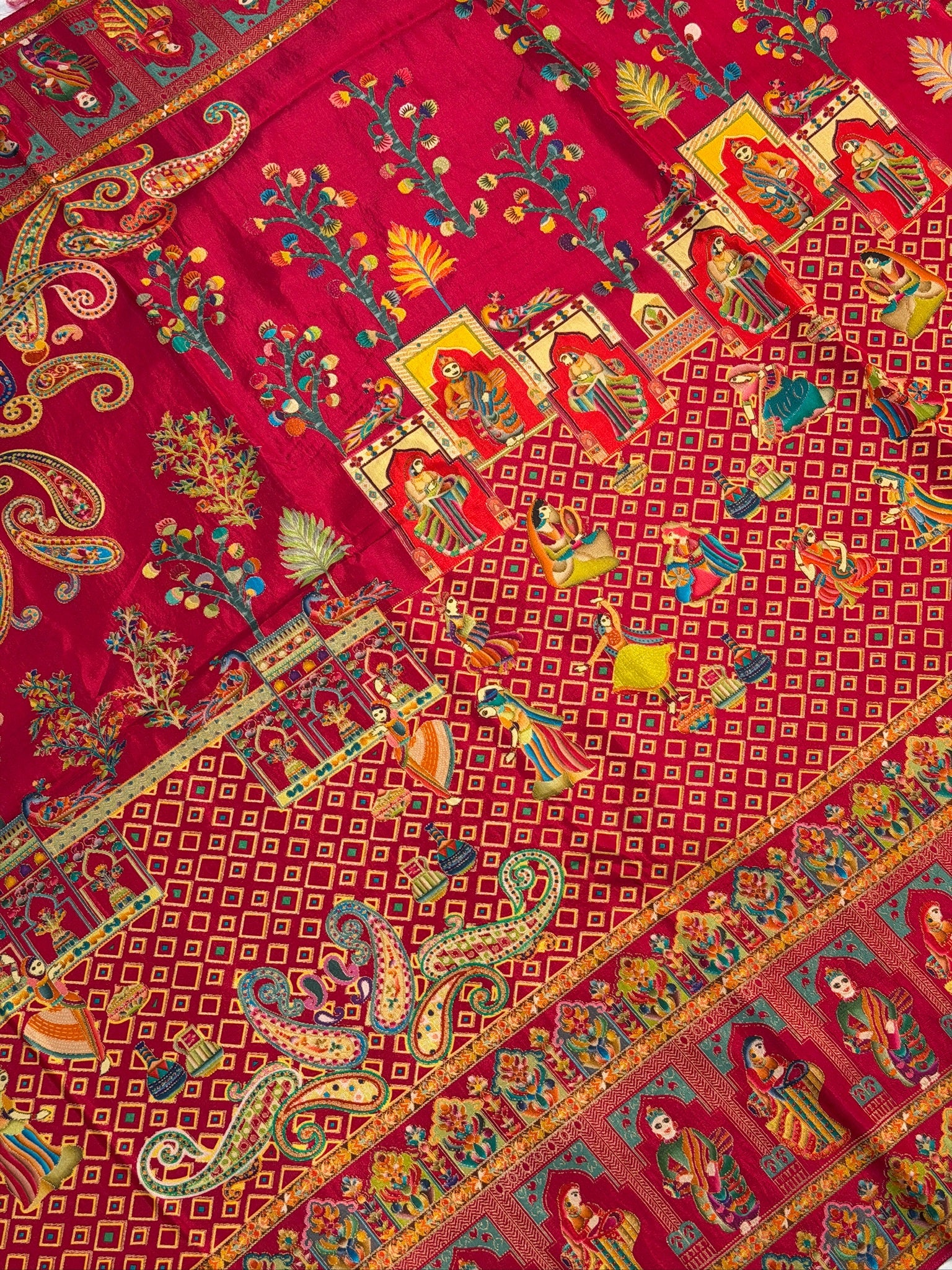 UTSAV BANARAS 475D: Pure Red Butter Silk Saree with Heritage Position Print & Contrast Bloue