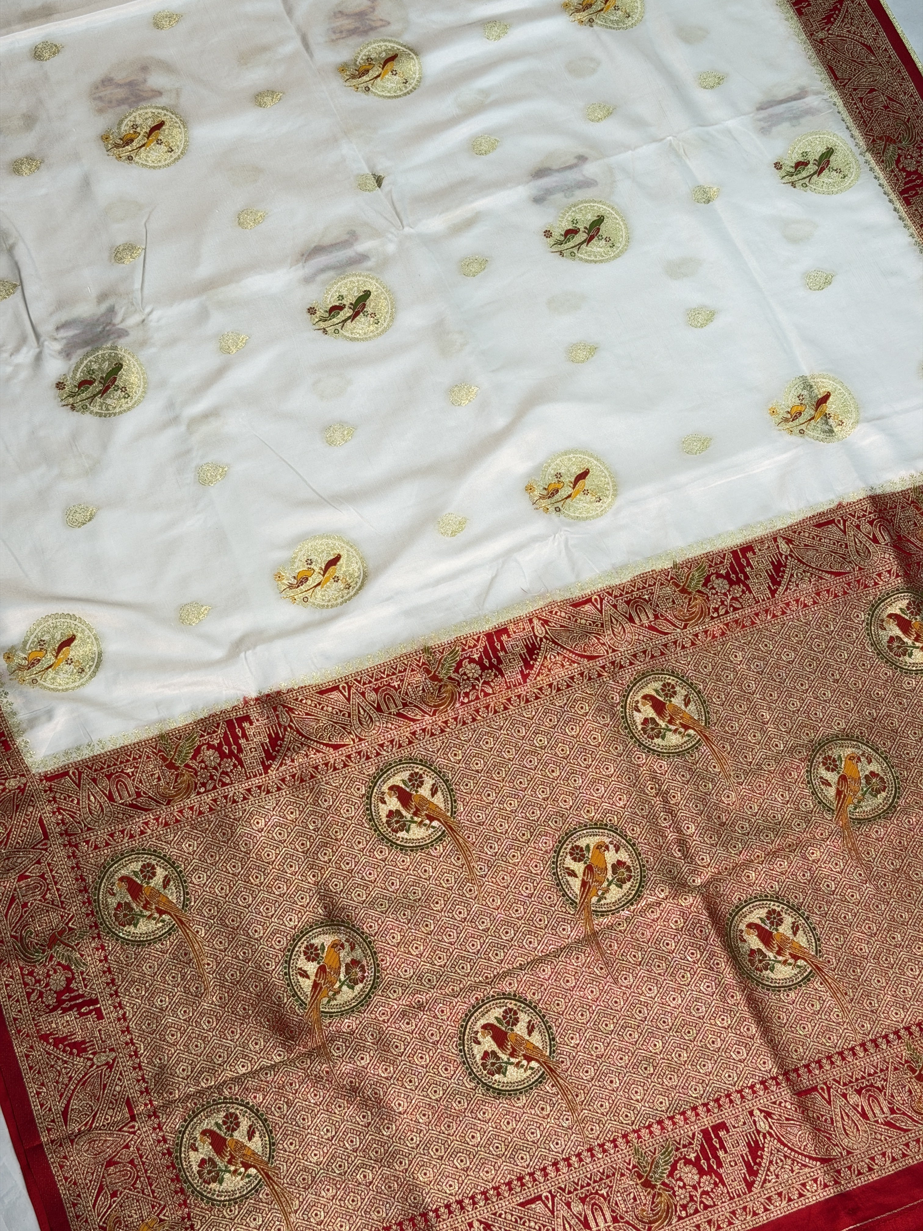 UTSAV BANARAS 421: Creamy White Satin Mashru Valkalam Saree with Meenakari Floral Border & Matching Dupatta
