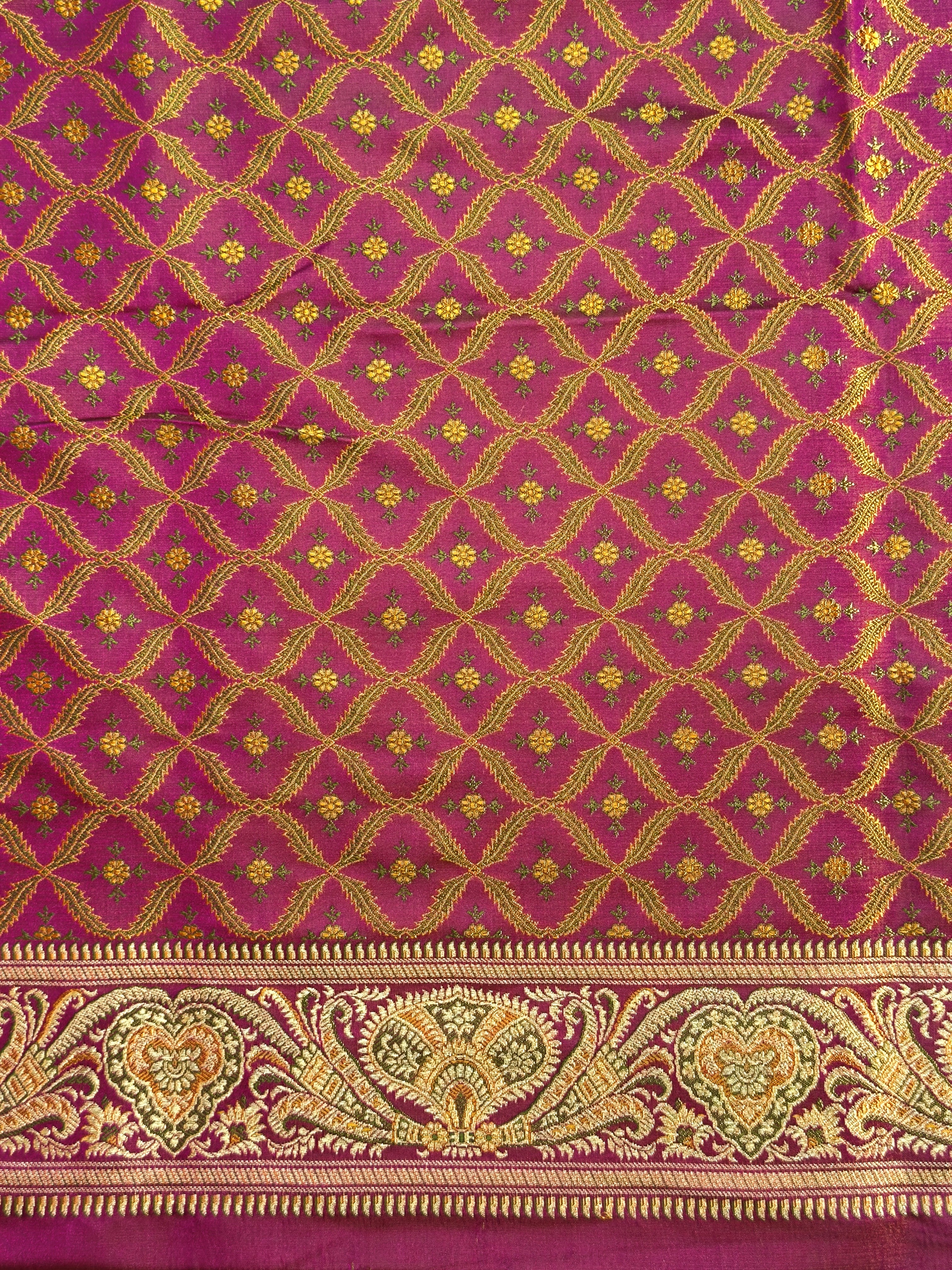 WAAH BANARAS 166: Deep Purple Satin Tanchoi Silk Saree with Rich Zari, Resham Weaving & Grand Floral Paisley Border