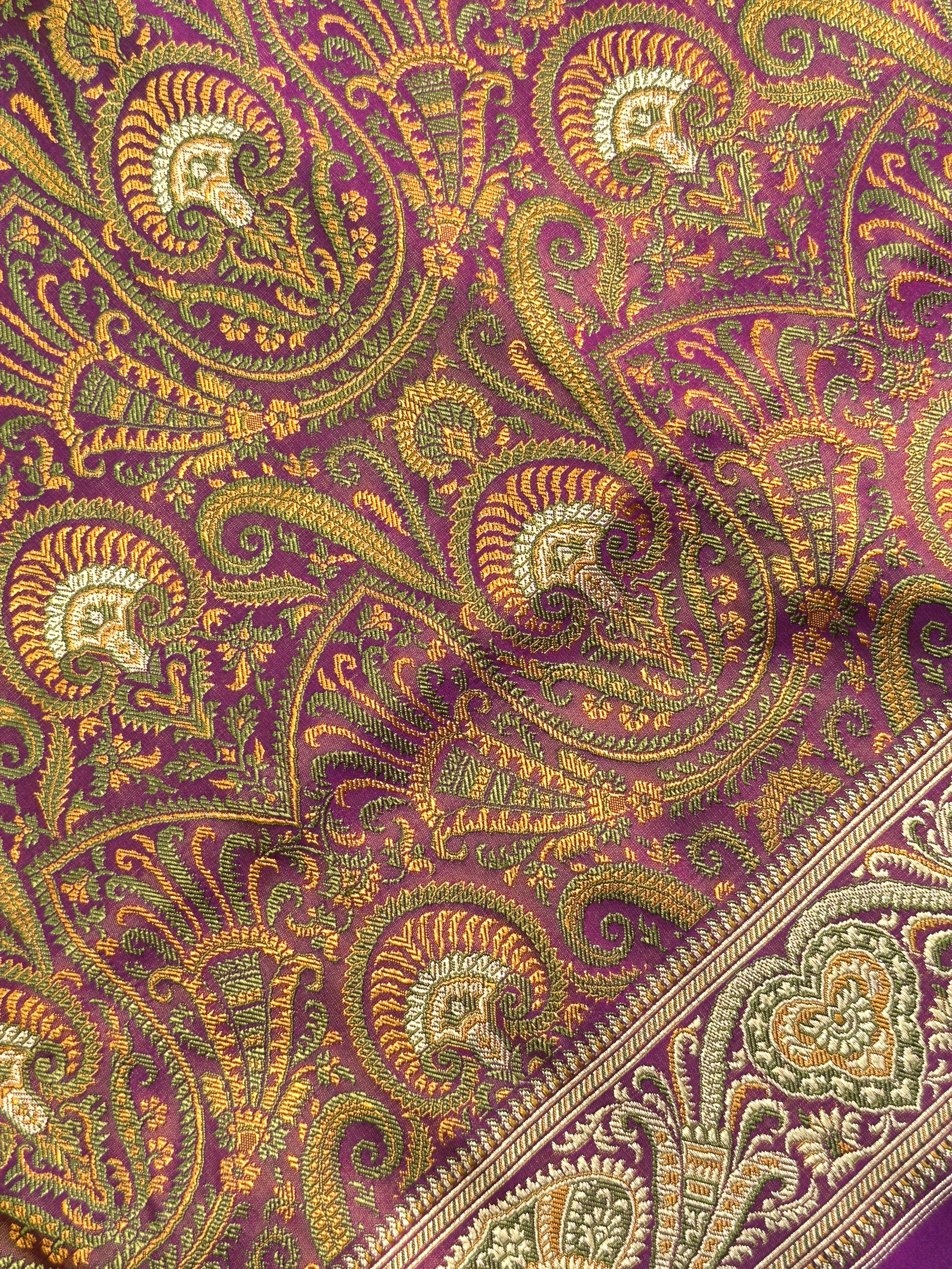 WAAH BANARAS 166: Deep Purple Satin Tanchoi Silk Saree with Rich Zari, Resham Weaving & Grand Floral Paisley Border