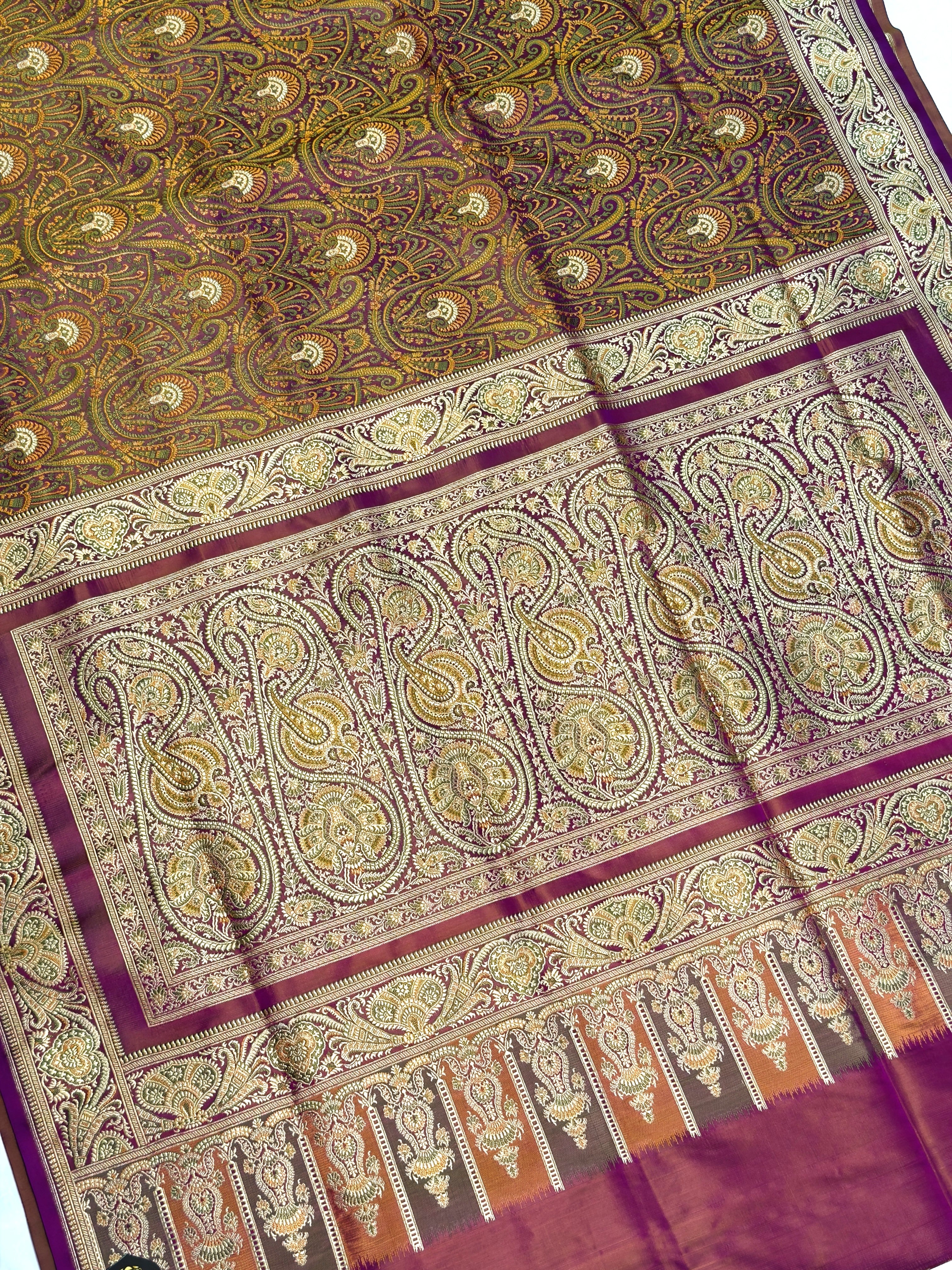 WAAH BANARAS 166: Deep Purple Satin Tanchoi Silk Saree with Rich Zari, Resham Weaving & Grand Floral Paisley Border