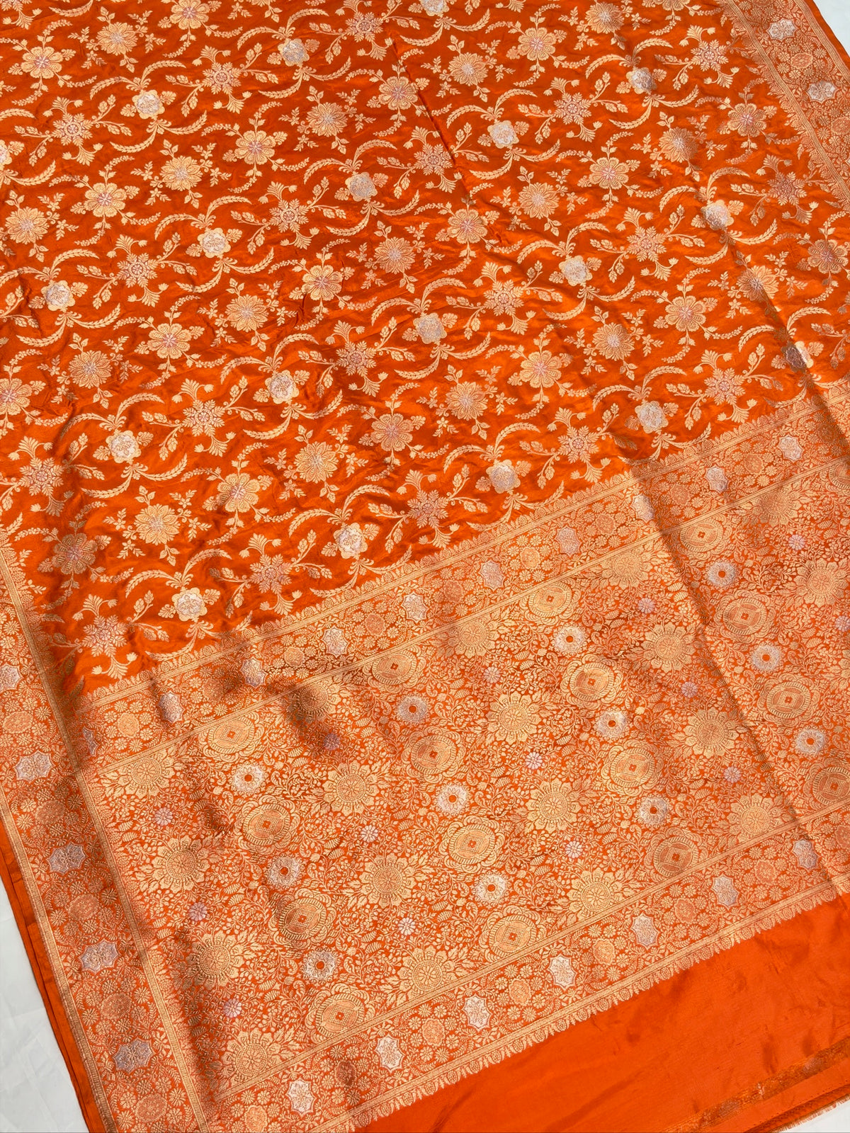 VIRASAT 433A: Safety Orange Pure Katan Silk Alfi Saree with Sona Rupa Zari Floral Jaal & Zari Border | Silk Mark Certified