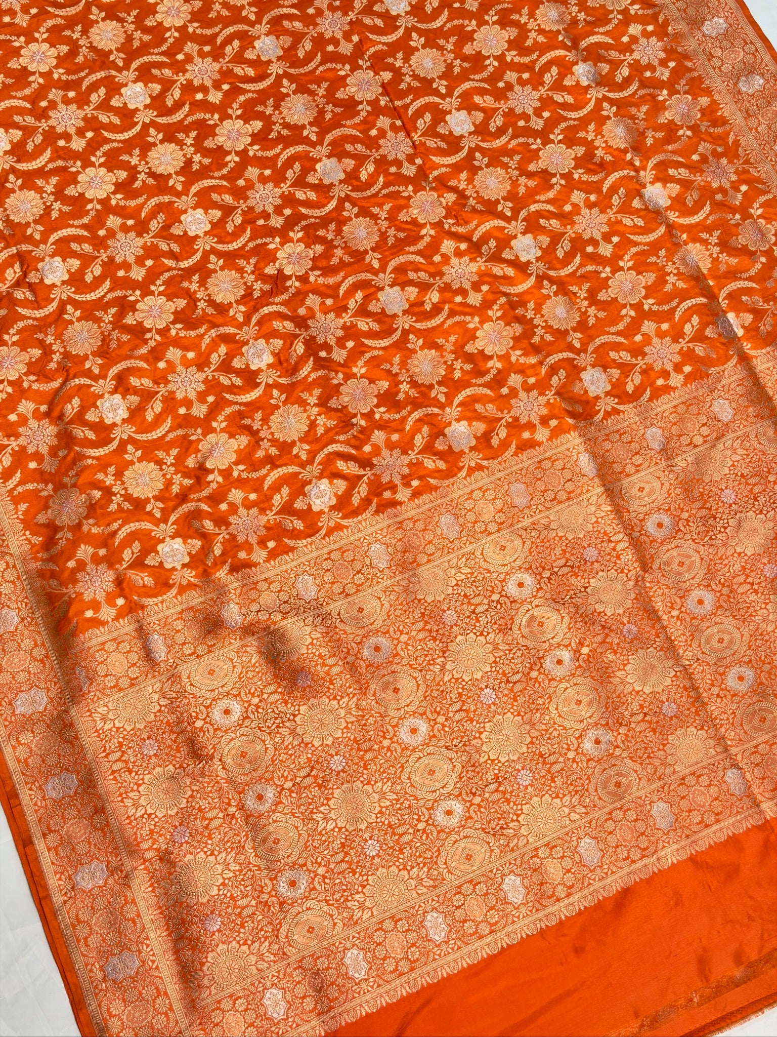 VIRASAT 440: Safety Orange Pure Katan Silk Alfi Saree with Sona Rupa Zari Floral Jaal & Zari Border | Silk Mark Certified