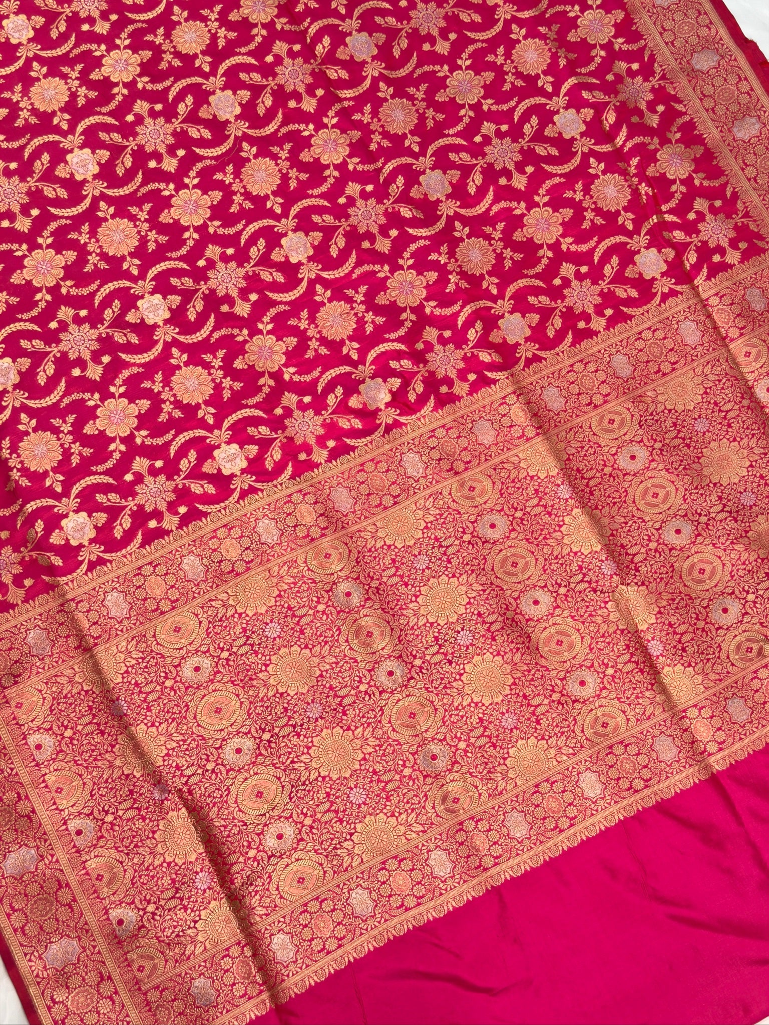 VIRASAT 433E: Hot Pink Pure Katan Silk Alfi Saree with Sona Rupa Zari Floral Jaal & Zari Border | Silk Mark Certified