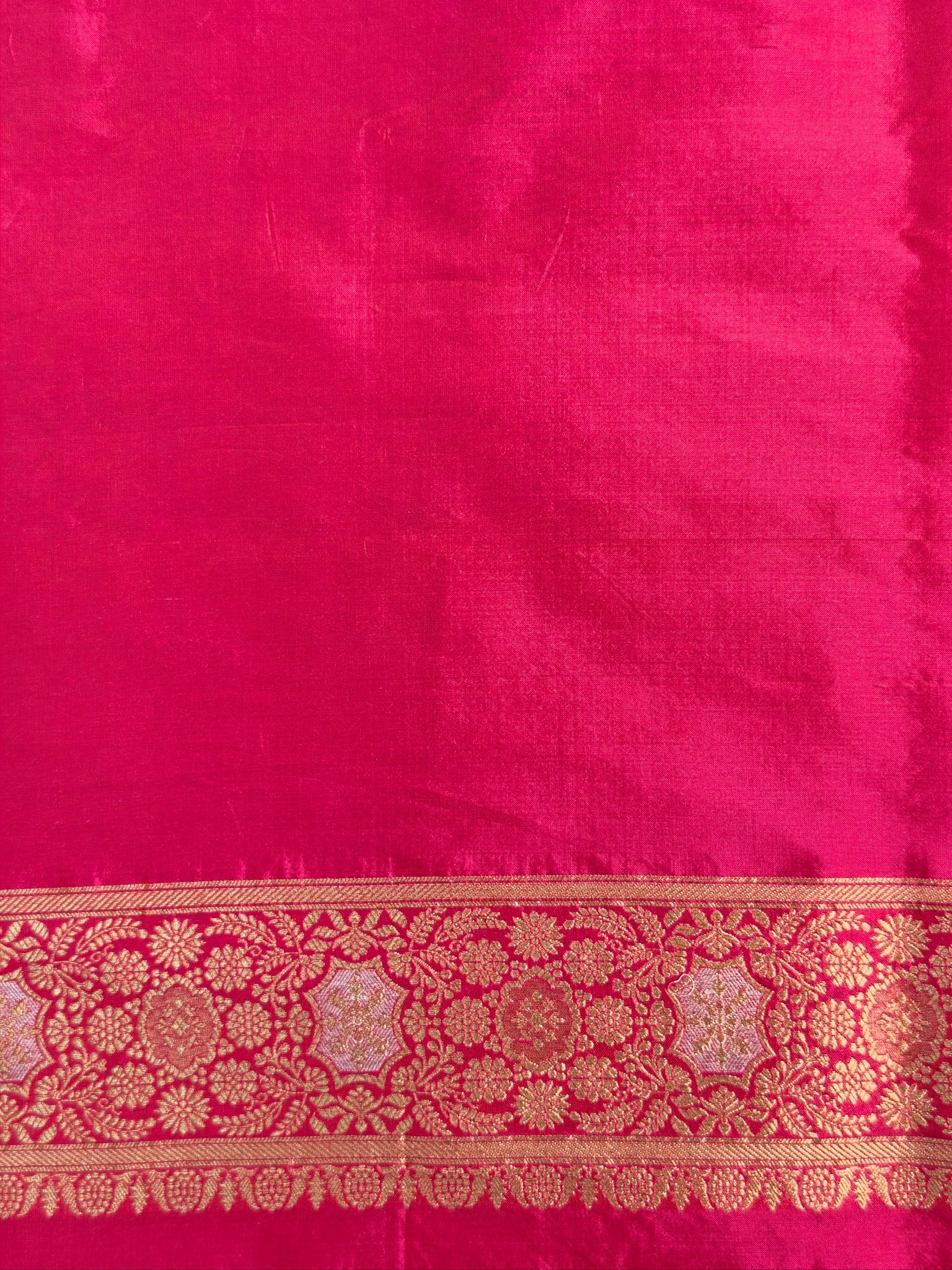 VIRASAT 433E: Hot Pink Pure Katan Silk Alfi Saree with Sona Rupa Zari Floral Jaal & Zari Border | Silk Mark Certified