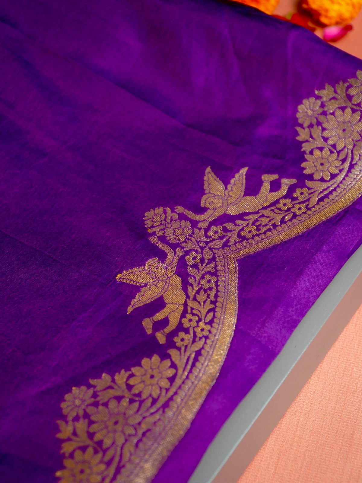FOUNDER CHOICE 067: Violet Pure Silk Saree with Faristey Scallop Border & Zari Floral Blouse