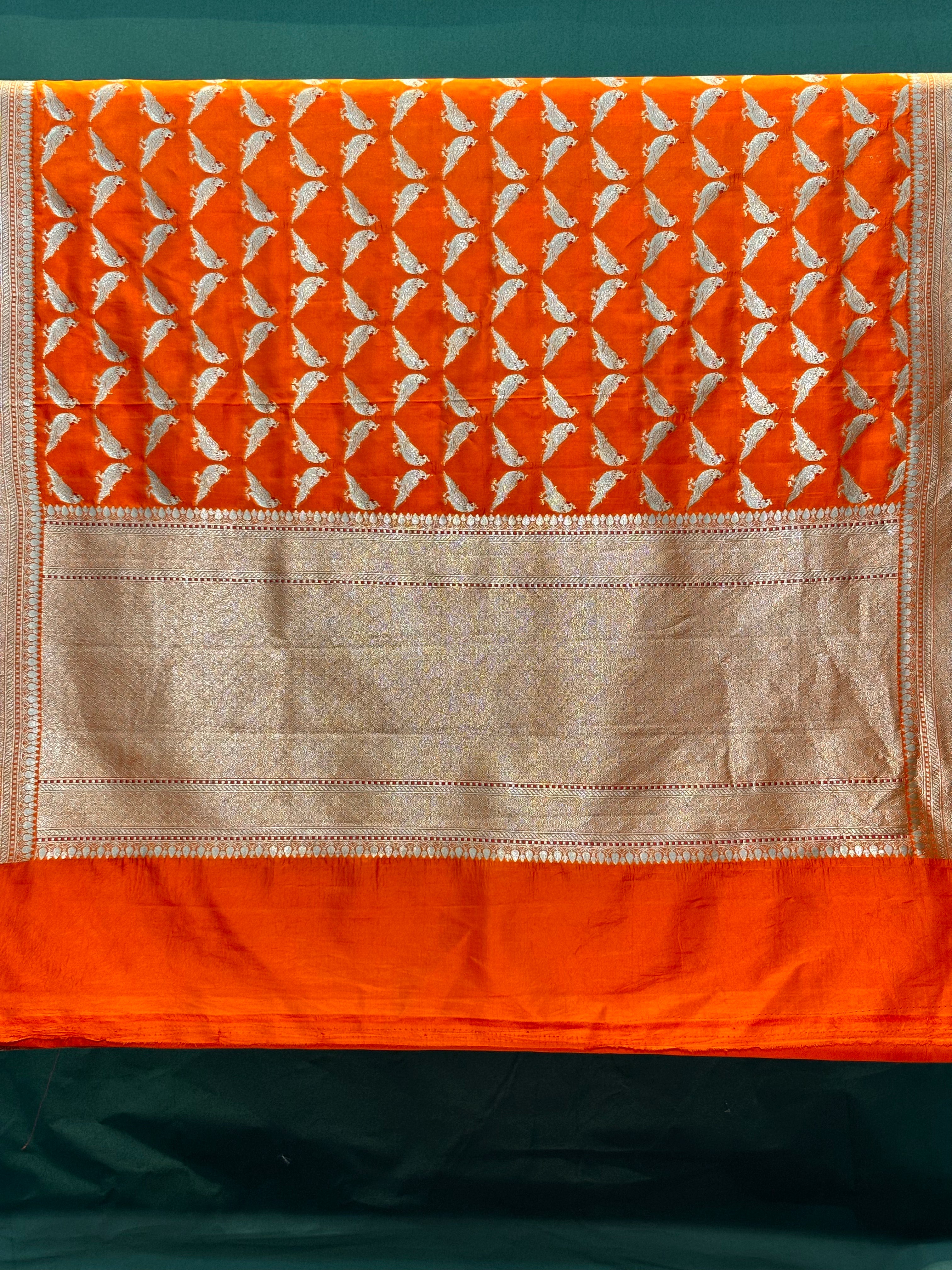 Founder Choice 060: Hot Orange Pure Katan Silk Saree with Meenakari Parrot Jaal Motifs With Silk Mark
