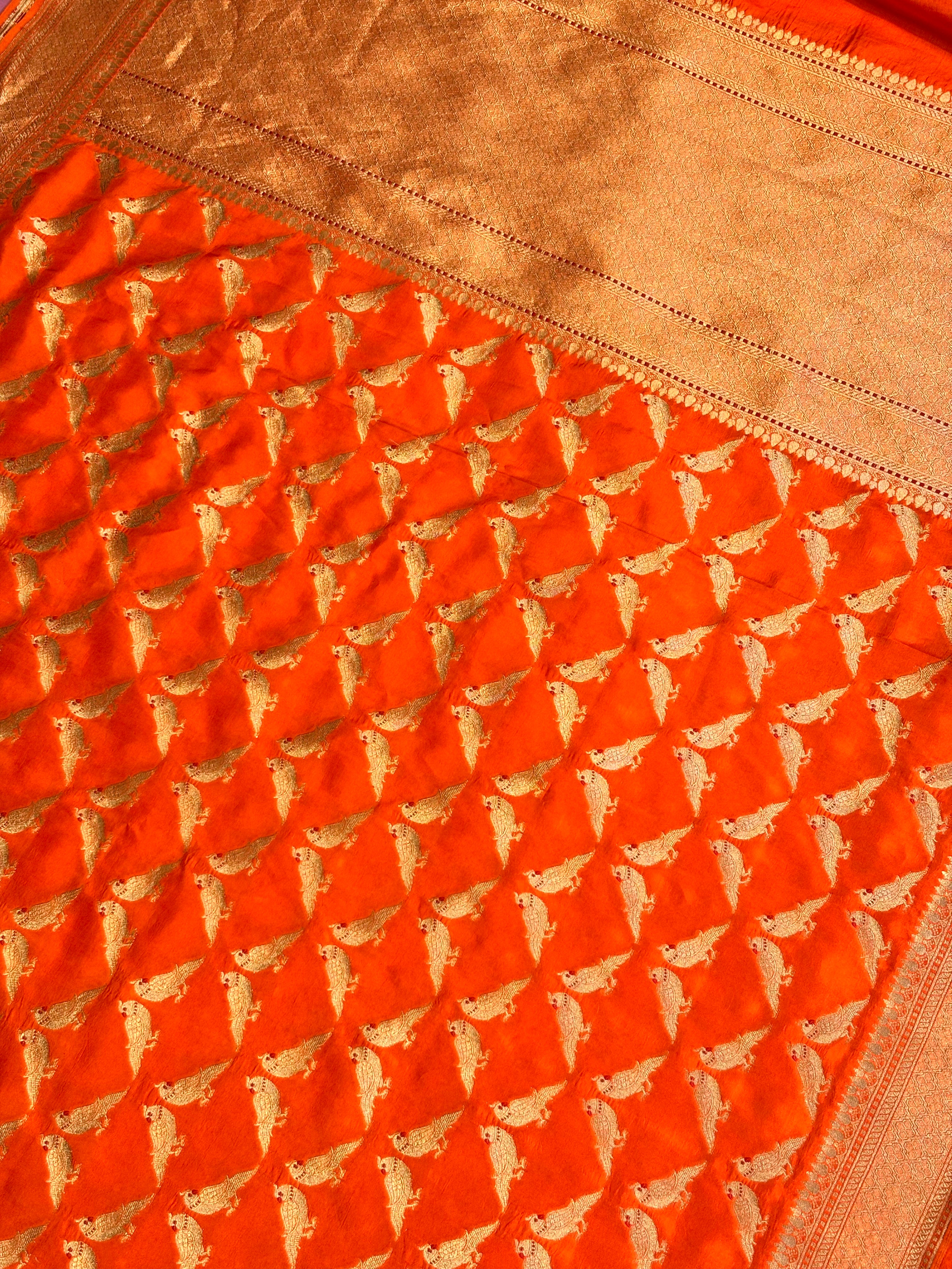 Founder Choice 060: Hot Orange Pure Katan Silk Saree with Meenakari Parrot Jaal Motifs With Silk Mark