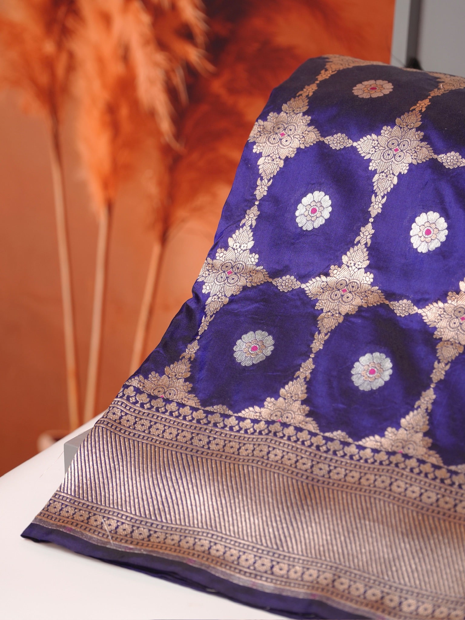 VIRASAT 409A: Royal Blue Handloom Katan Silk Kadwa Circle Jaal & Meenakari Small Buti All Over Saree With Zari Border Pallu (Silk Mark Certified)