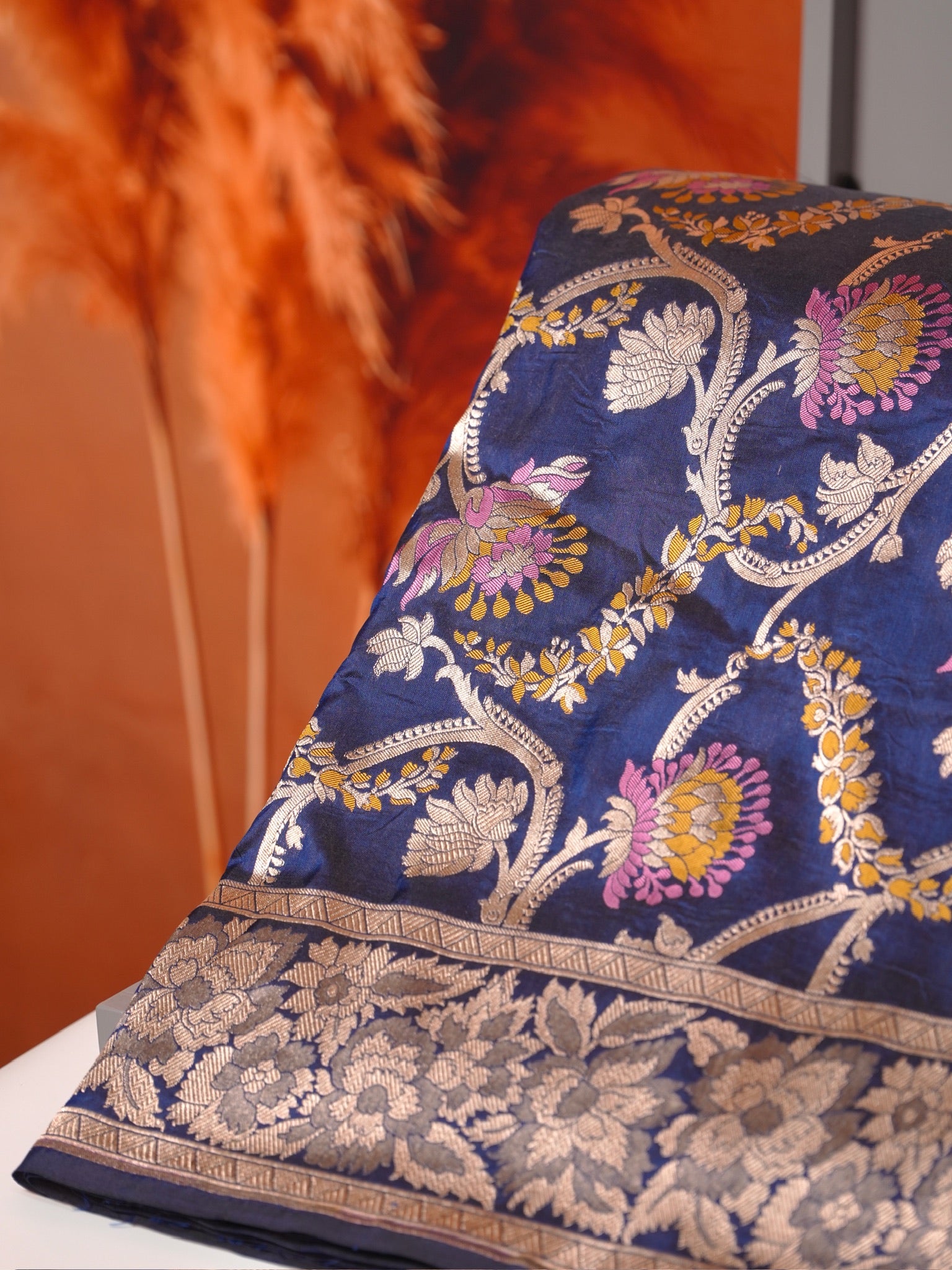 VIRASAT 426B: Pure Handloom Kadwa Katan Silk Saree Navy Blue| Silk Mark Certified | Celebrity Choice