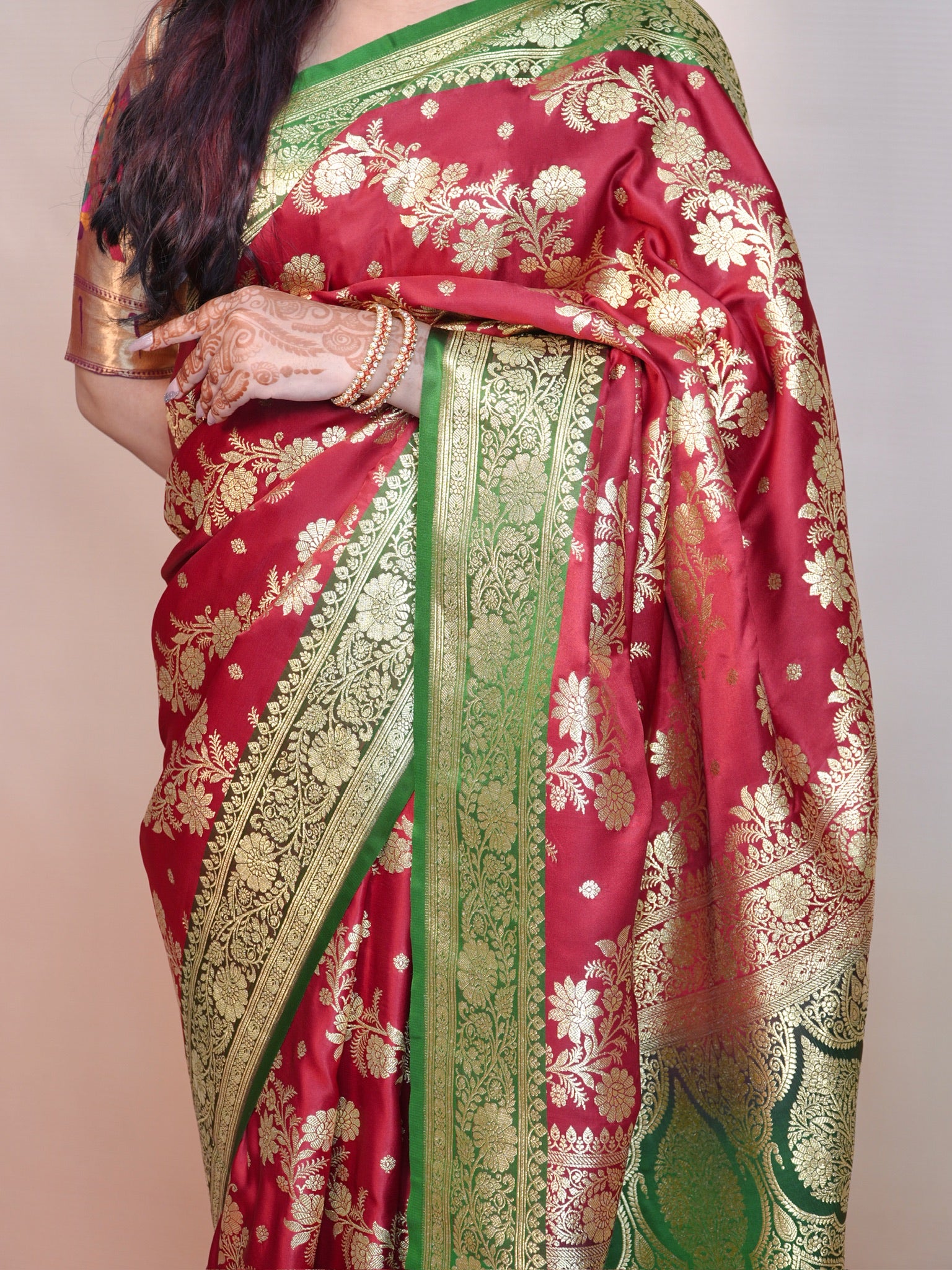 Waah Banaras 169: Maroon & Green Satin Banarasi Silk Saree with Contrast Floral Palla