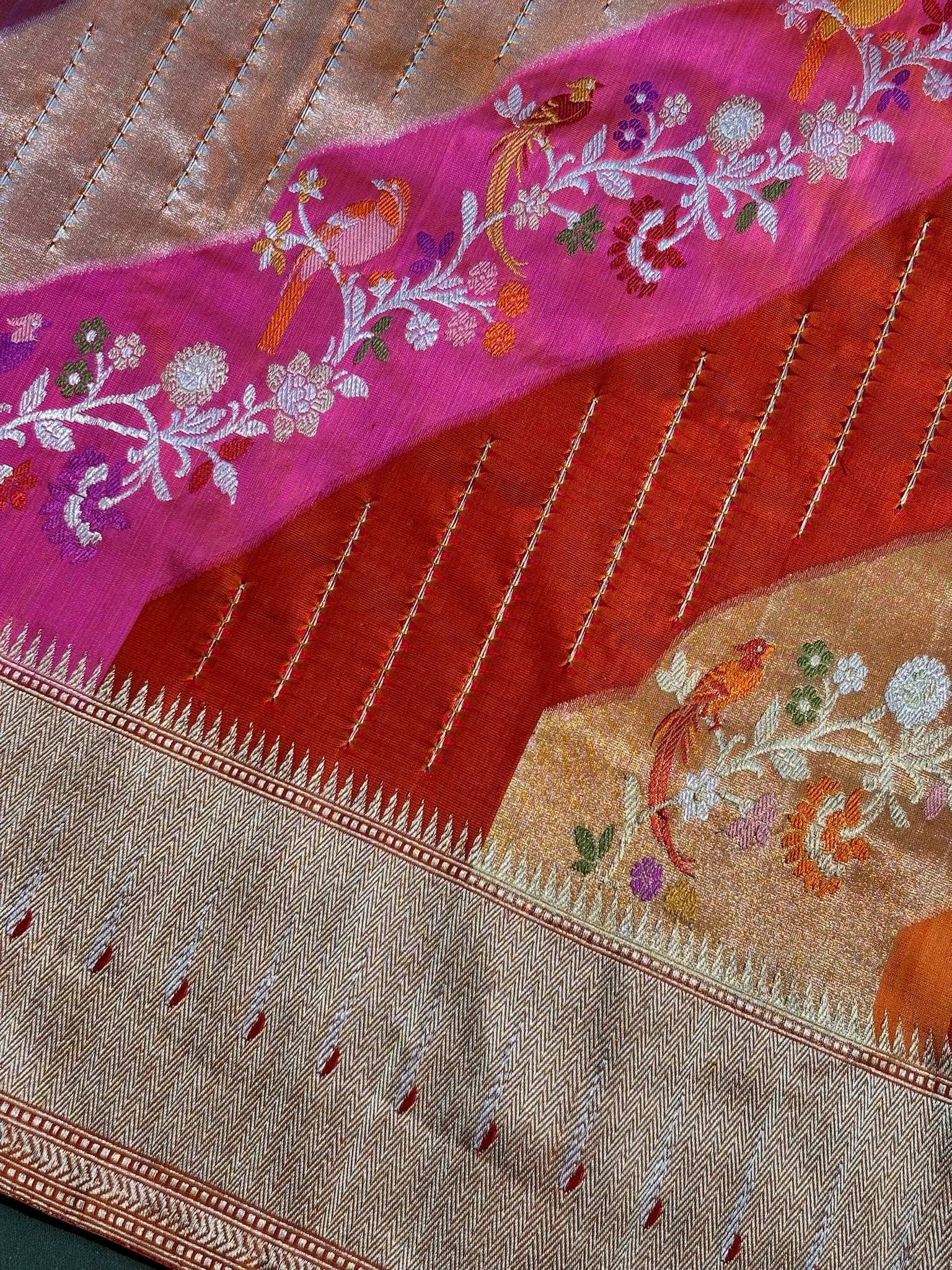 Founder Choice 061: Luxury Rangkat Pure Katan Silk Saree with Bird & Floral Meenakari Work | Silk Mark Certified