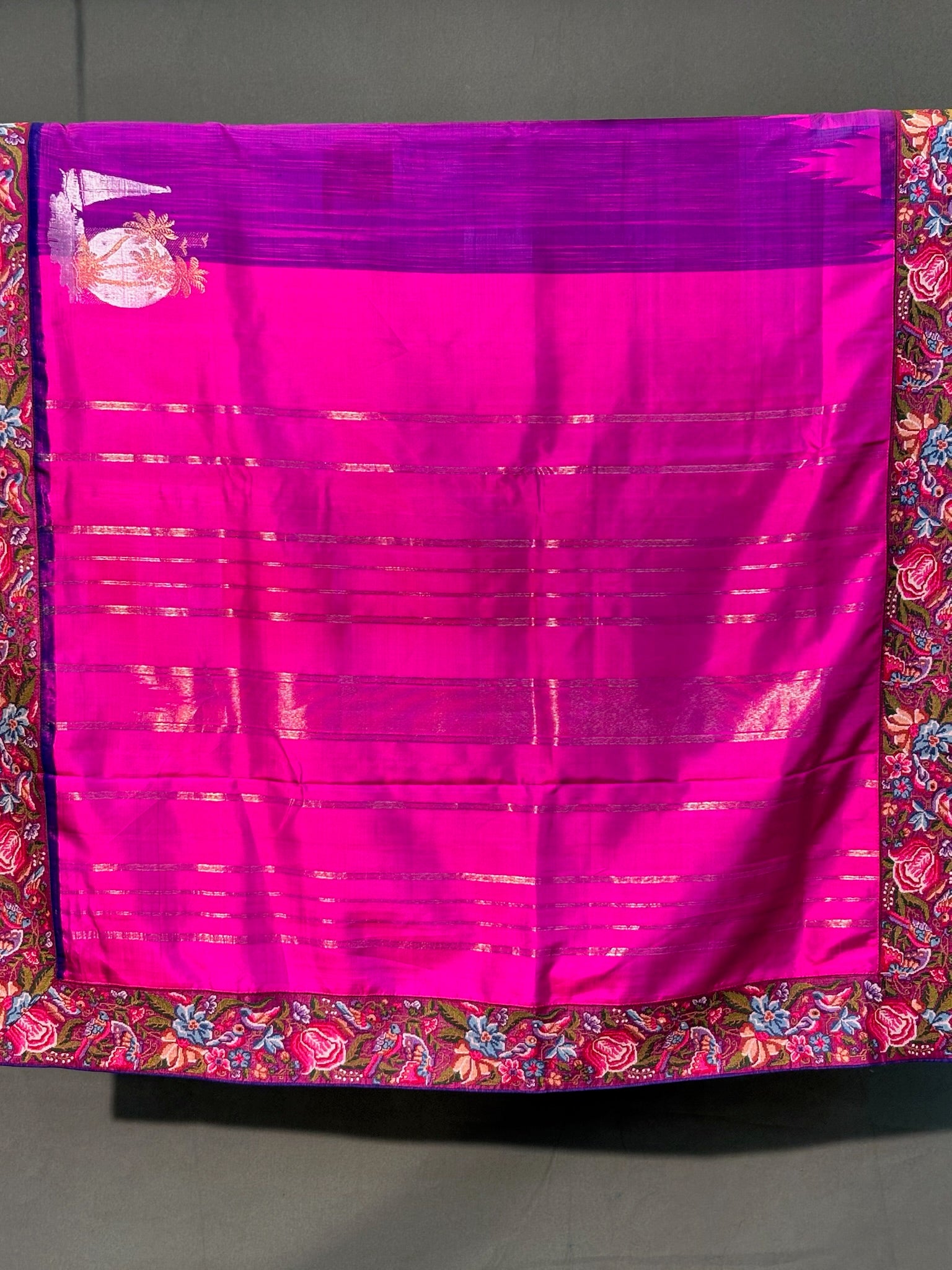 Founder Choice 058: Founder Choice 058: Magenta & Violet Pure Kanjivaram Silk Saree with Multi Cross Stitch Border | Silk Mark Certified